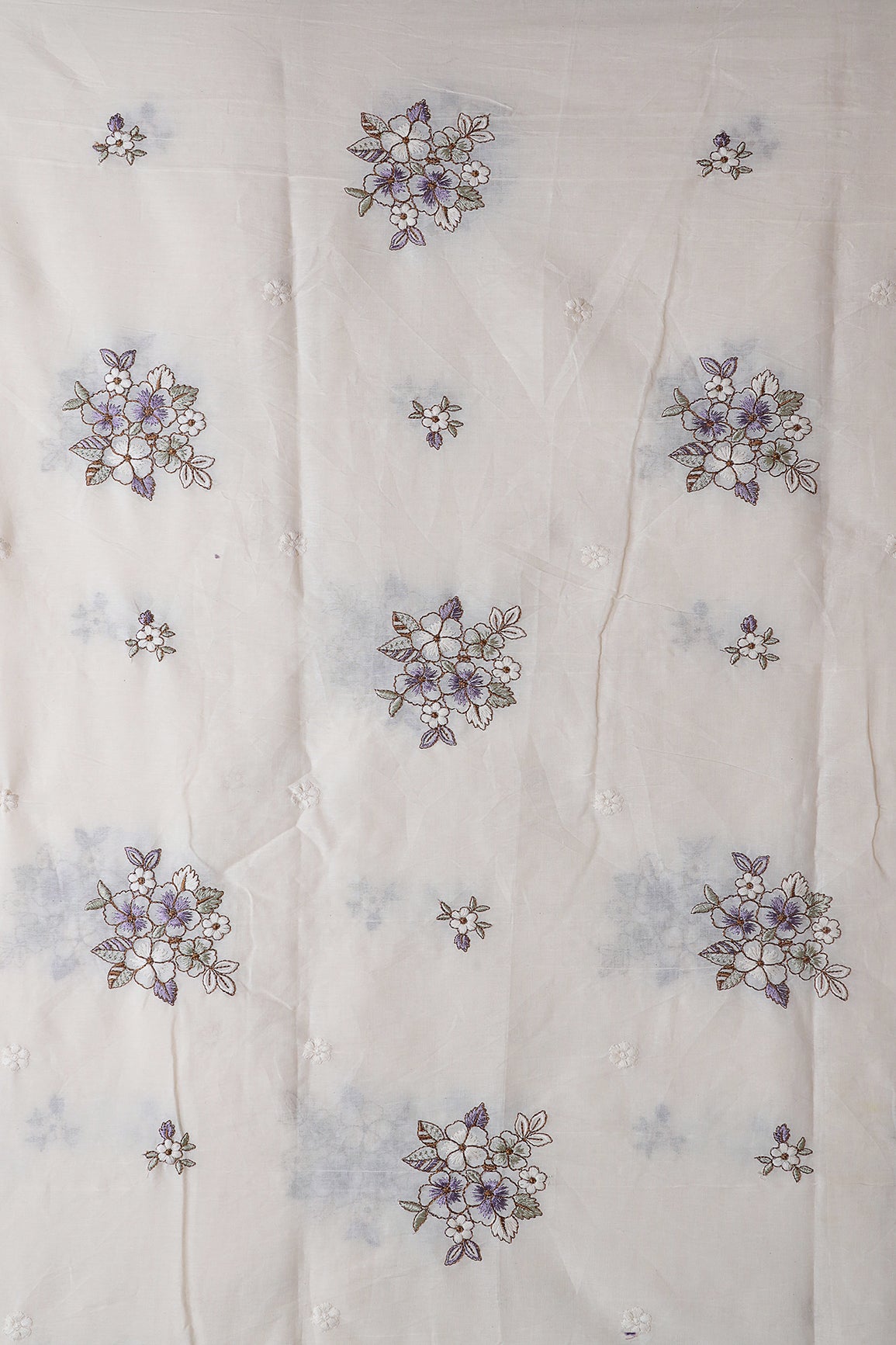 Lavender And Olive Thread Floral Embroidery On Off White Organic Cotton Fabric