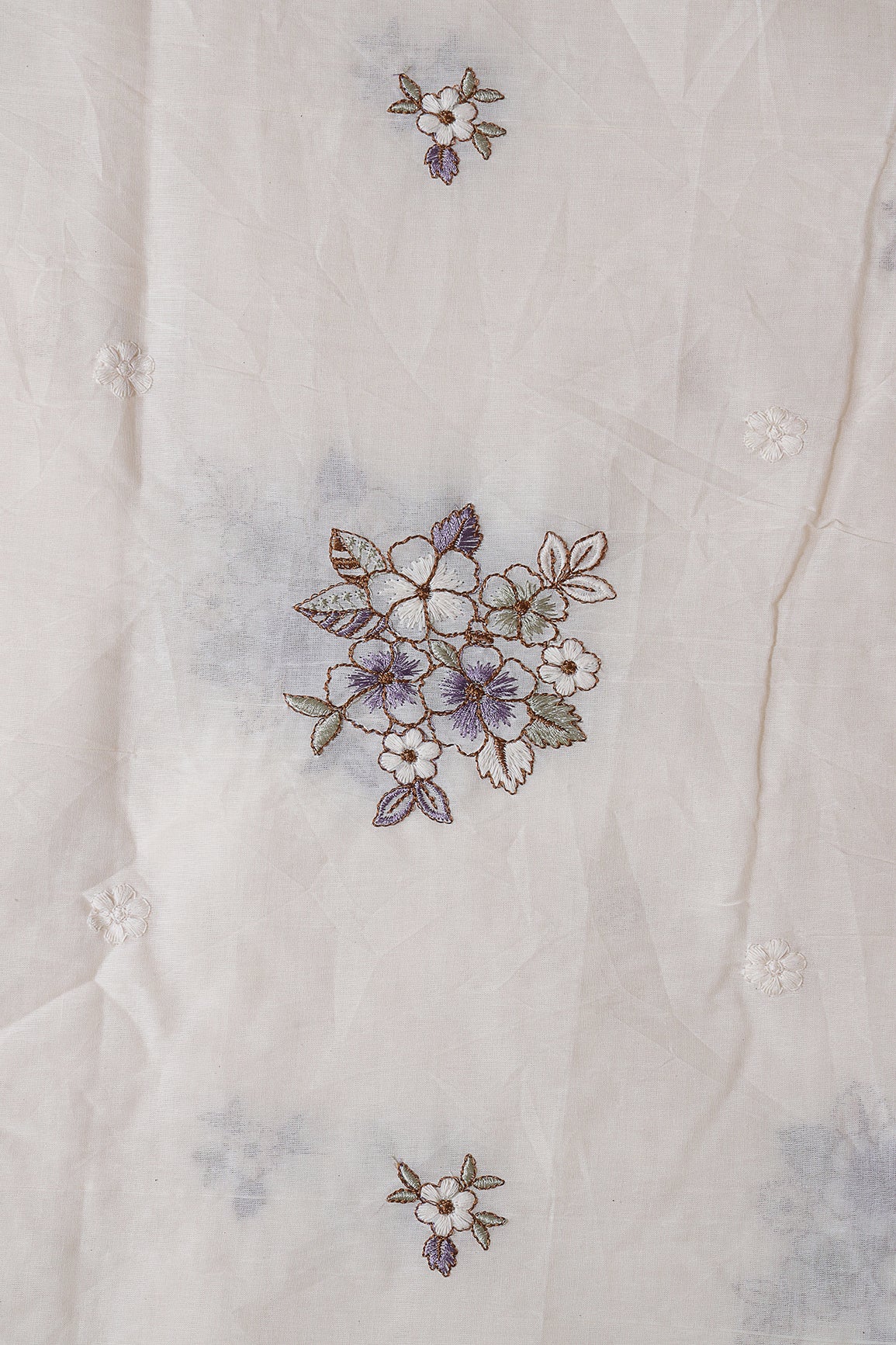Lavender And Olive Thread Floral Embroidery On Off White Organic Cotton Fabric