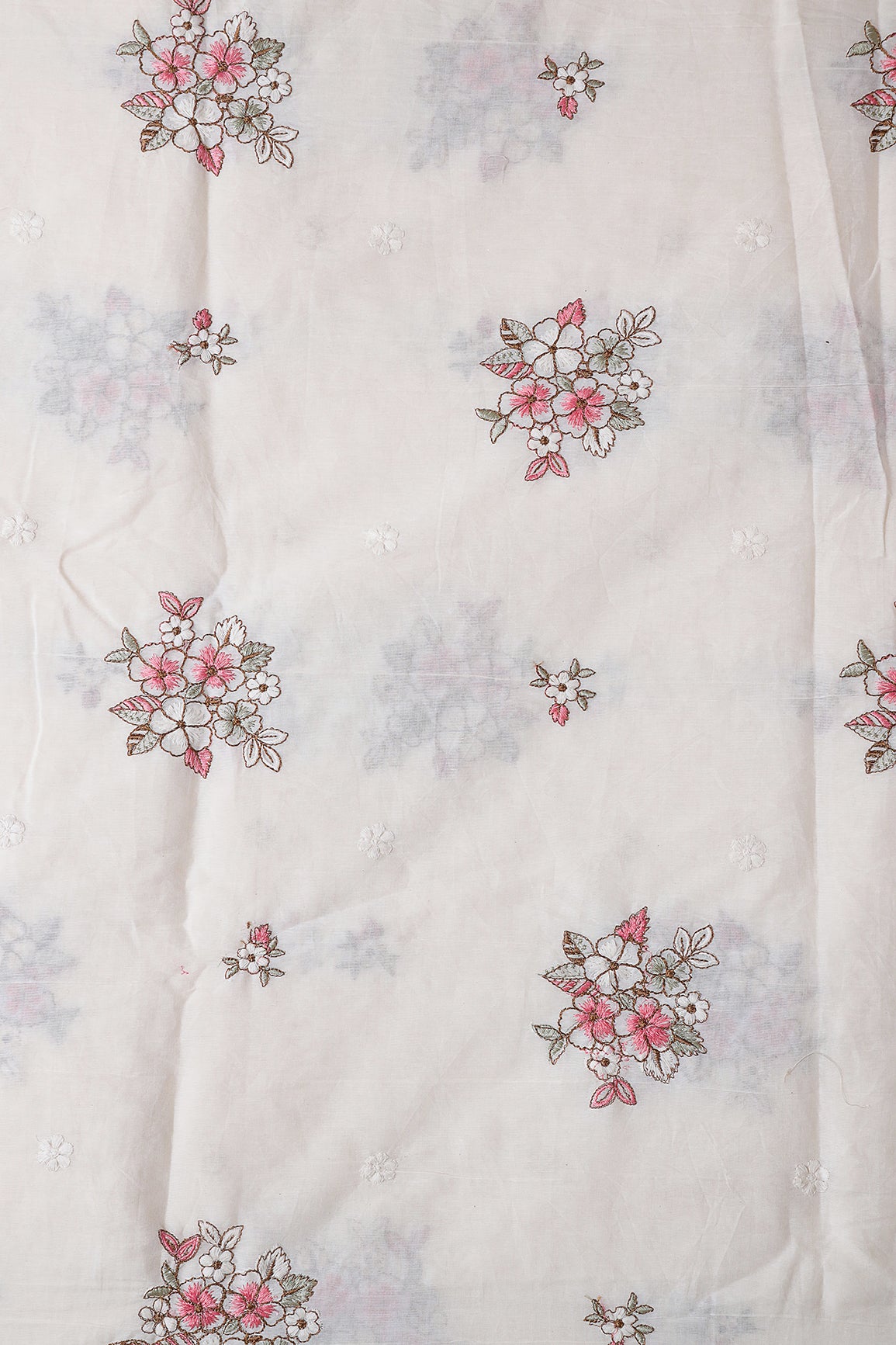 Gajri Pink And Olive Thread Floral Embroidery On Off White Organic Cotton Fabric