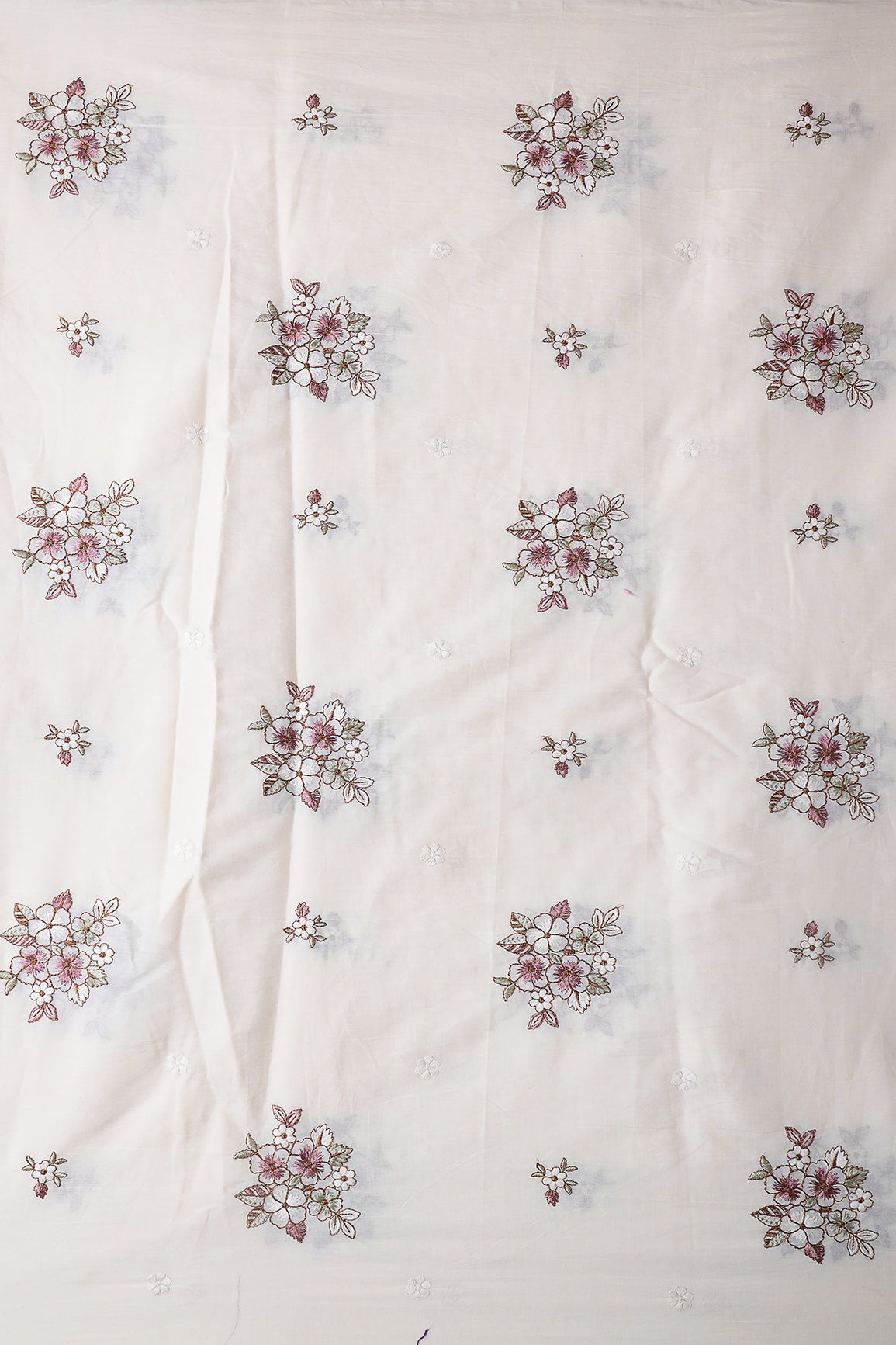 Mauve And Olive Thread Floral Embroidery On Off White Organic Cotton Fabric