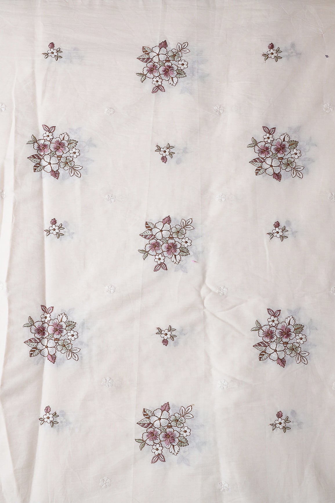 Mauve And Olive Thread Floral Embroidery On Off White Organic Cotton Fabric