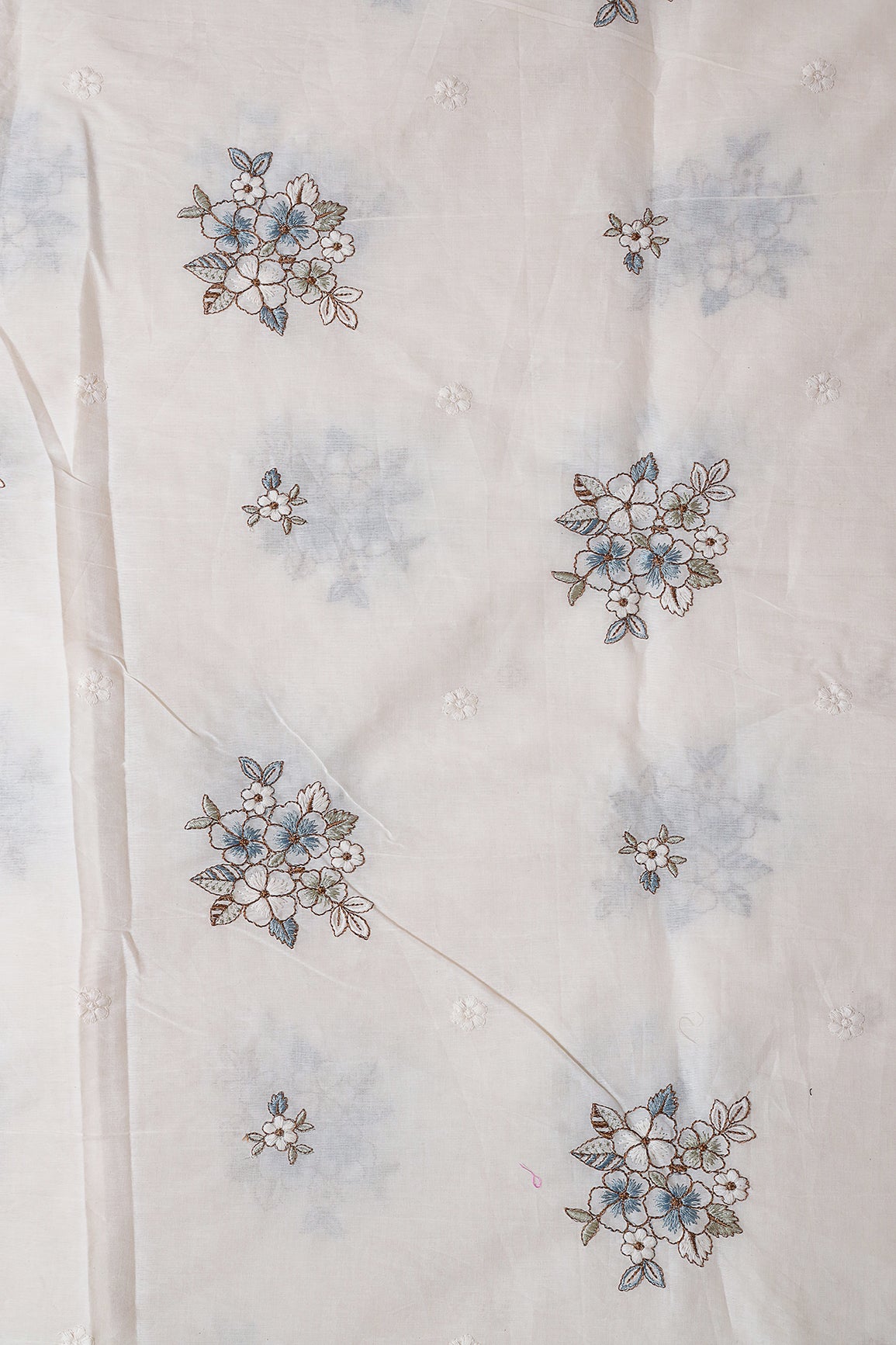 Rama And Olive Thread Floral Embroidery On Off White Organic Cotton Fabric