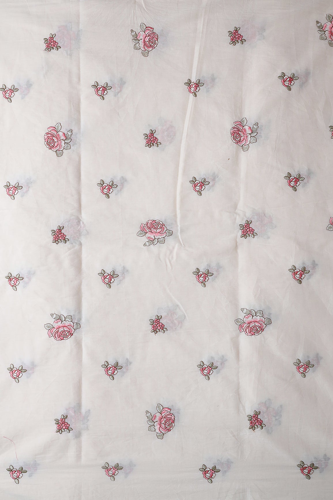 Gajri Pink And Olive Thread Floral Embroidery On Off White Organic Cotton Fabric