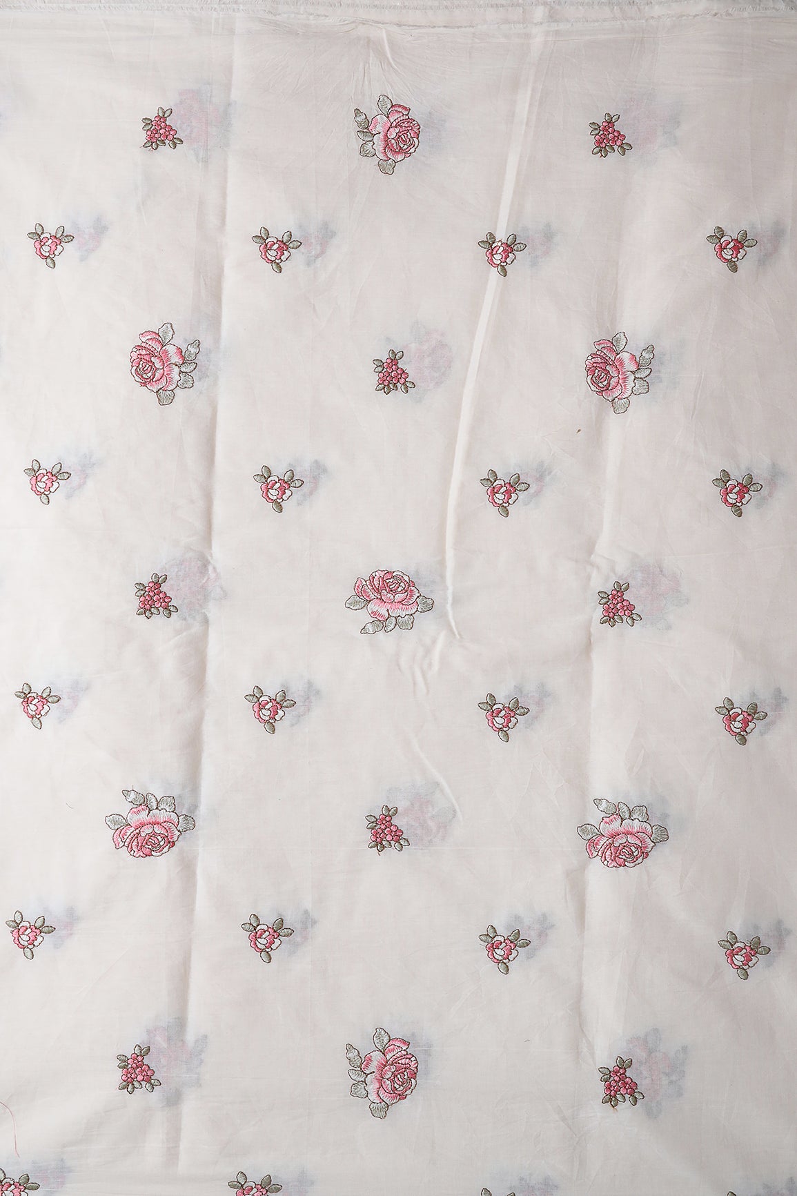 Gajri Pink And Olive Thread Floral Embroidery On Off White Organic Cotton Fabric
