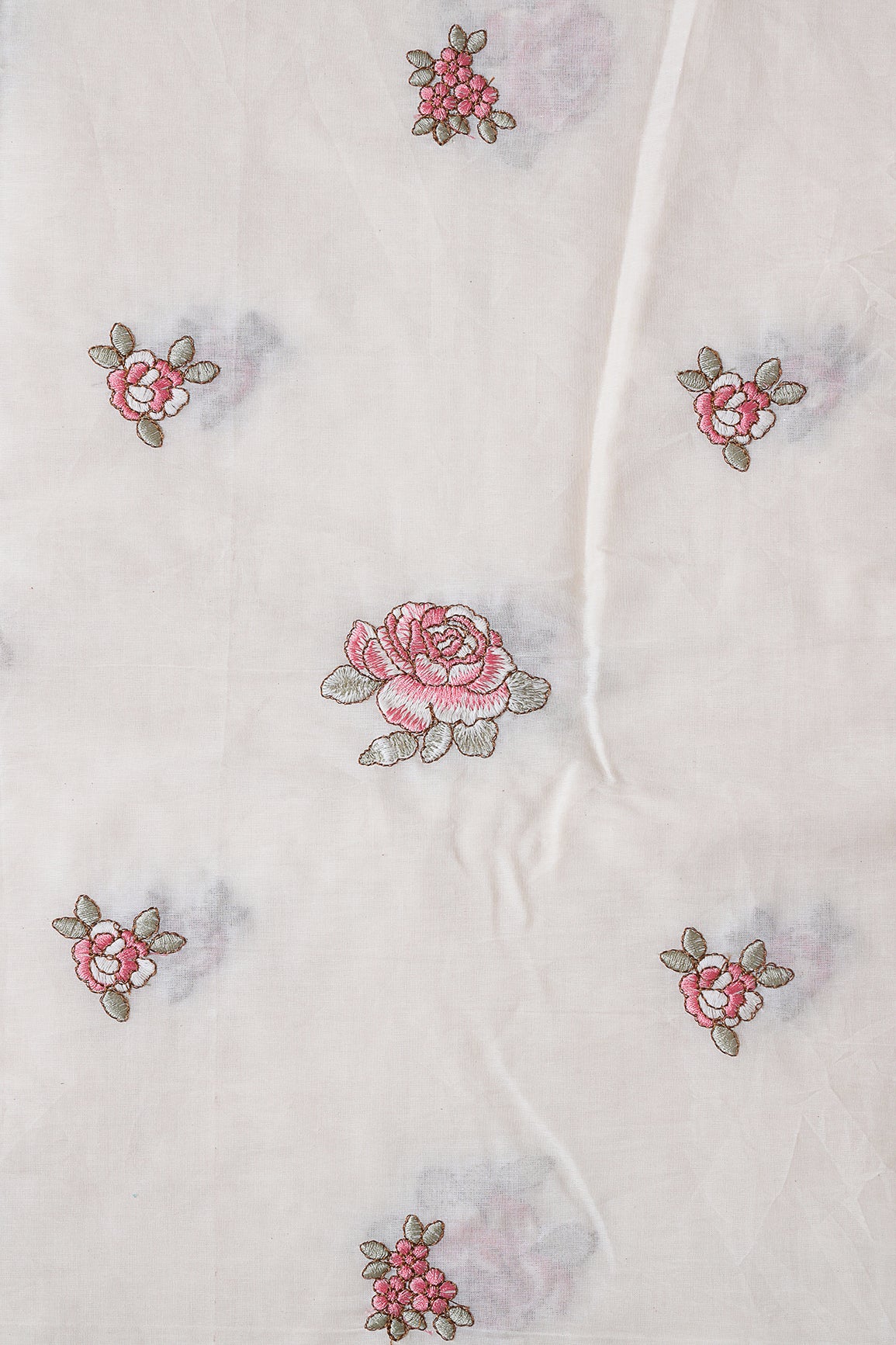 Gajri Pink And Olive Thread Floral Embroidery On Off White Organic Cotton Fabric