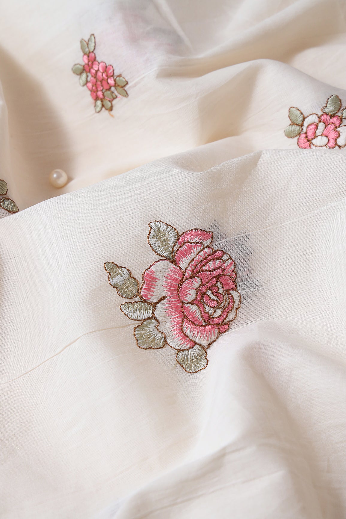 Gajri Pink And Olive Thread Floral Embroidery On Off White Organic Cotton Fabric