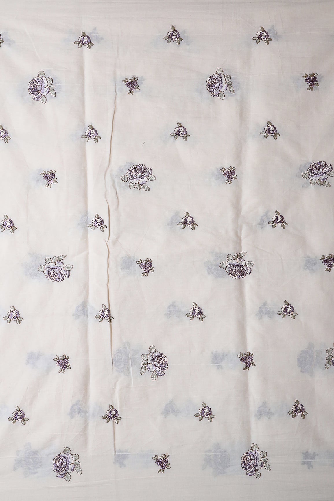 Purple And Olive Thread Floral Embroidery On Off White Organic Cotton Fabric
