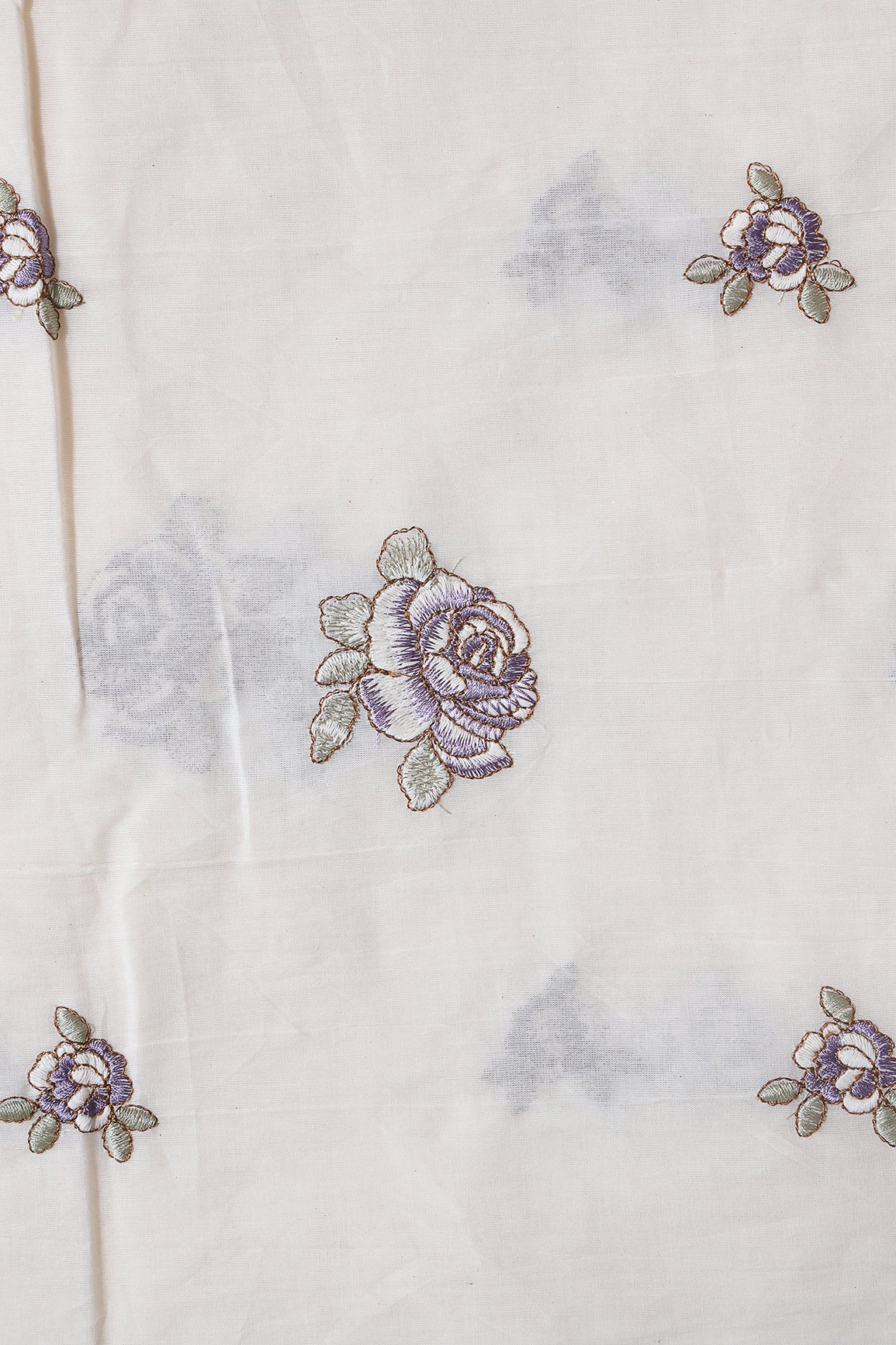 Purple And Olive Thread Floral Embroidery On Off White Organic Cotton Fabric