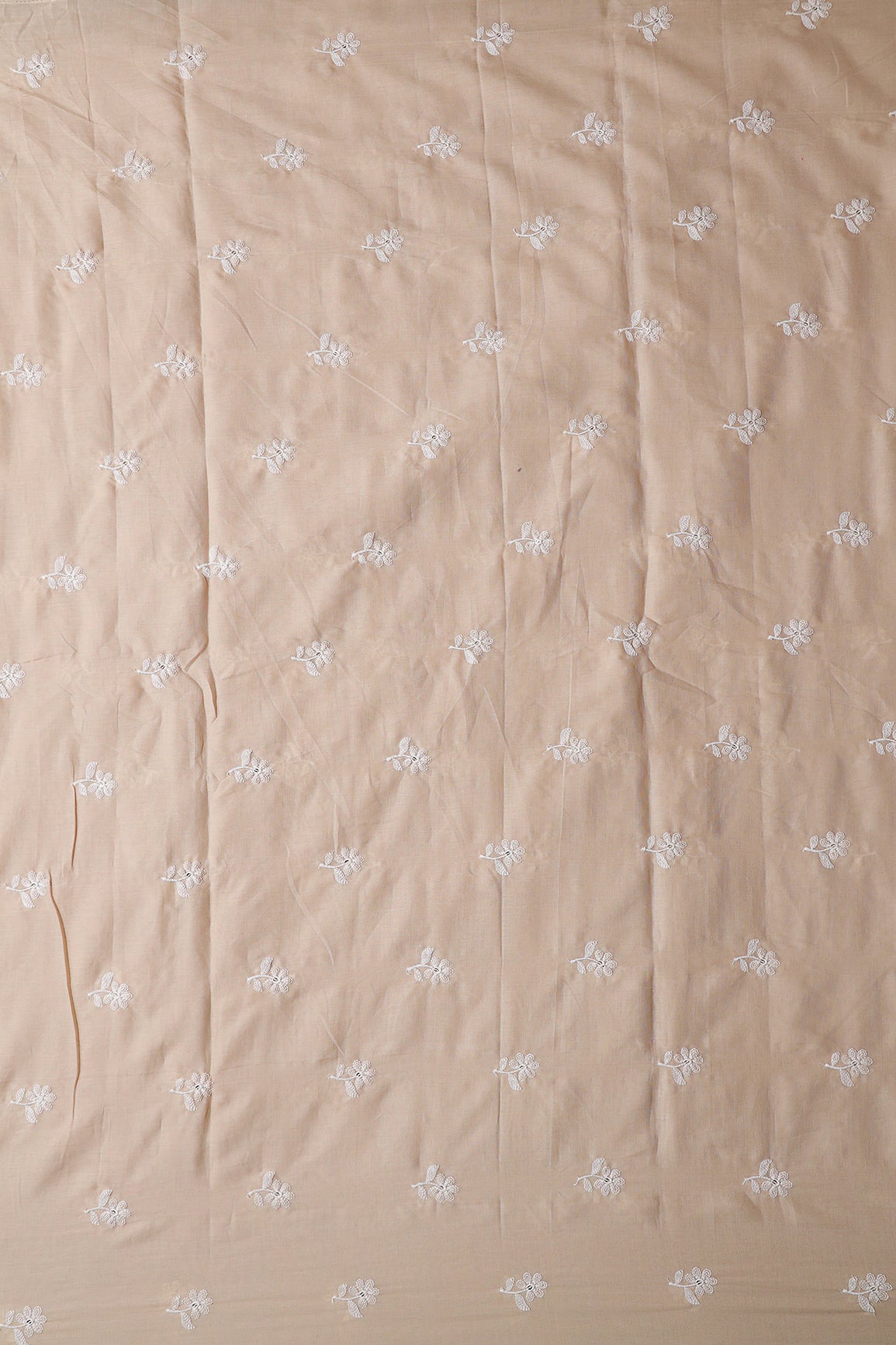 White Thread Small Floral Embroidery On Beige Pure Mul Cotton Fabric