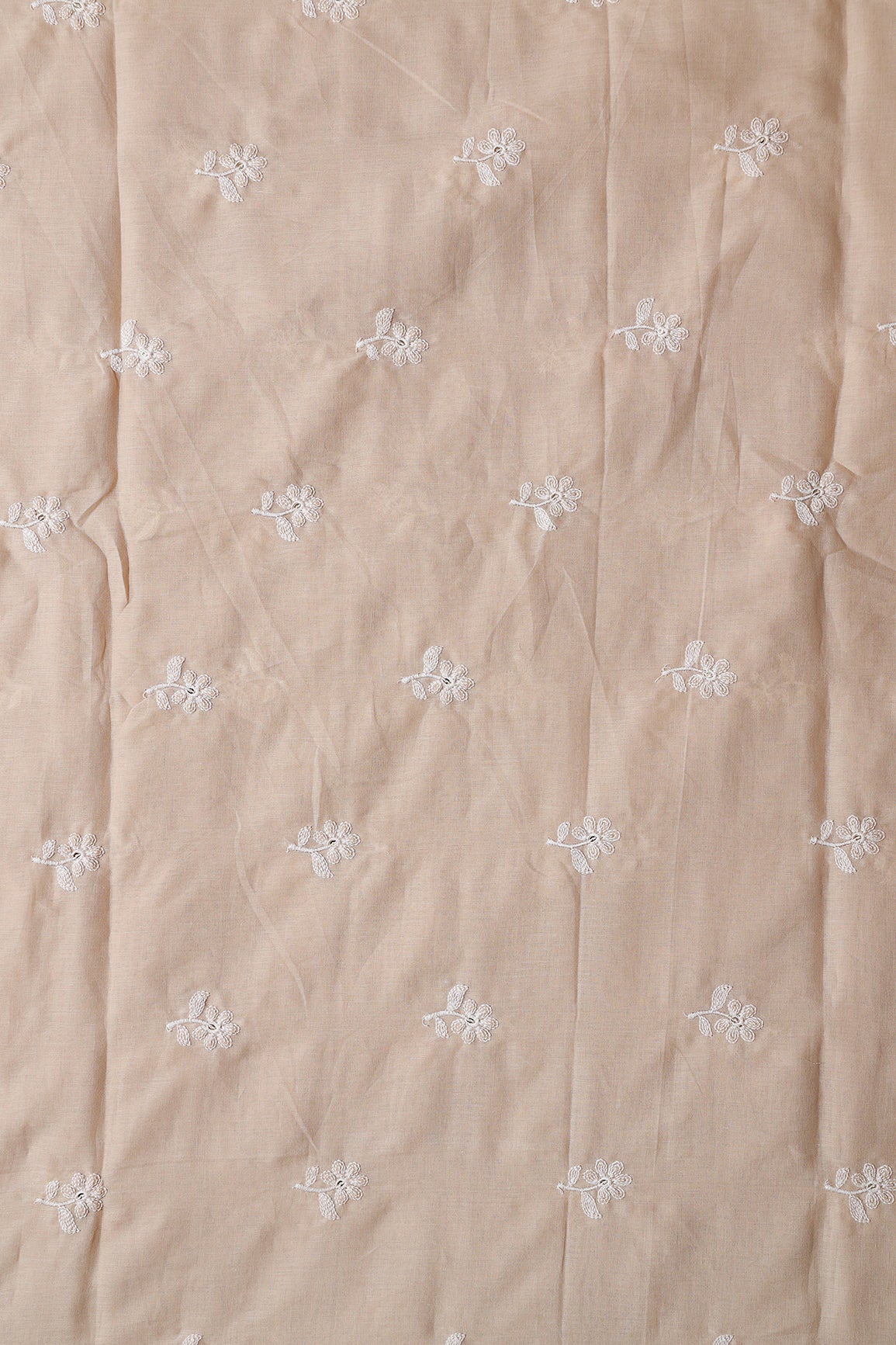 White Thread Small Floral Embroidery On Beige Pure Mul Cotton Fabric