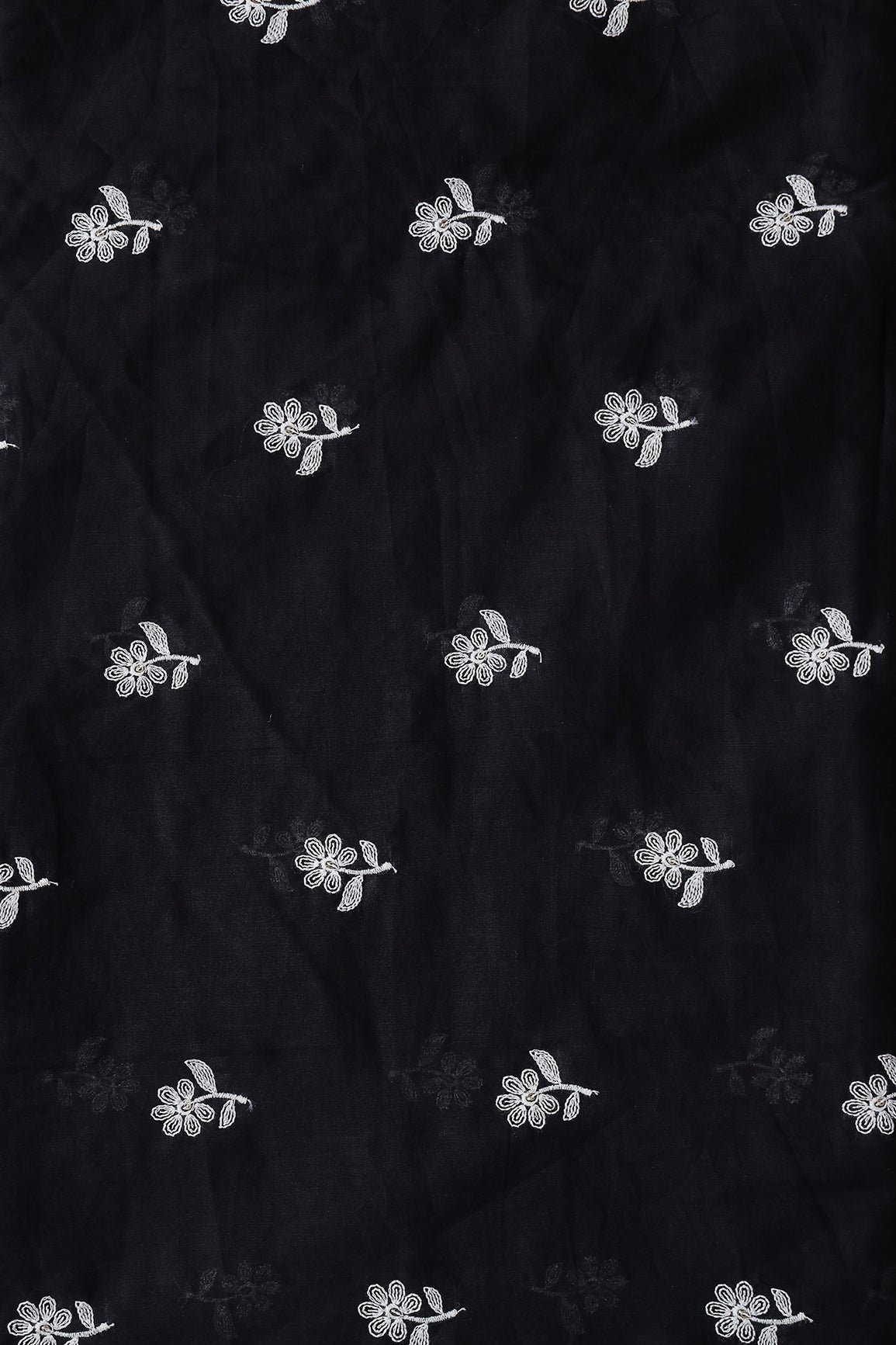 White Thread Small Floral Embroidery On Black Pure Mul Cotton Fabric