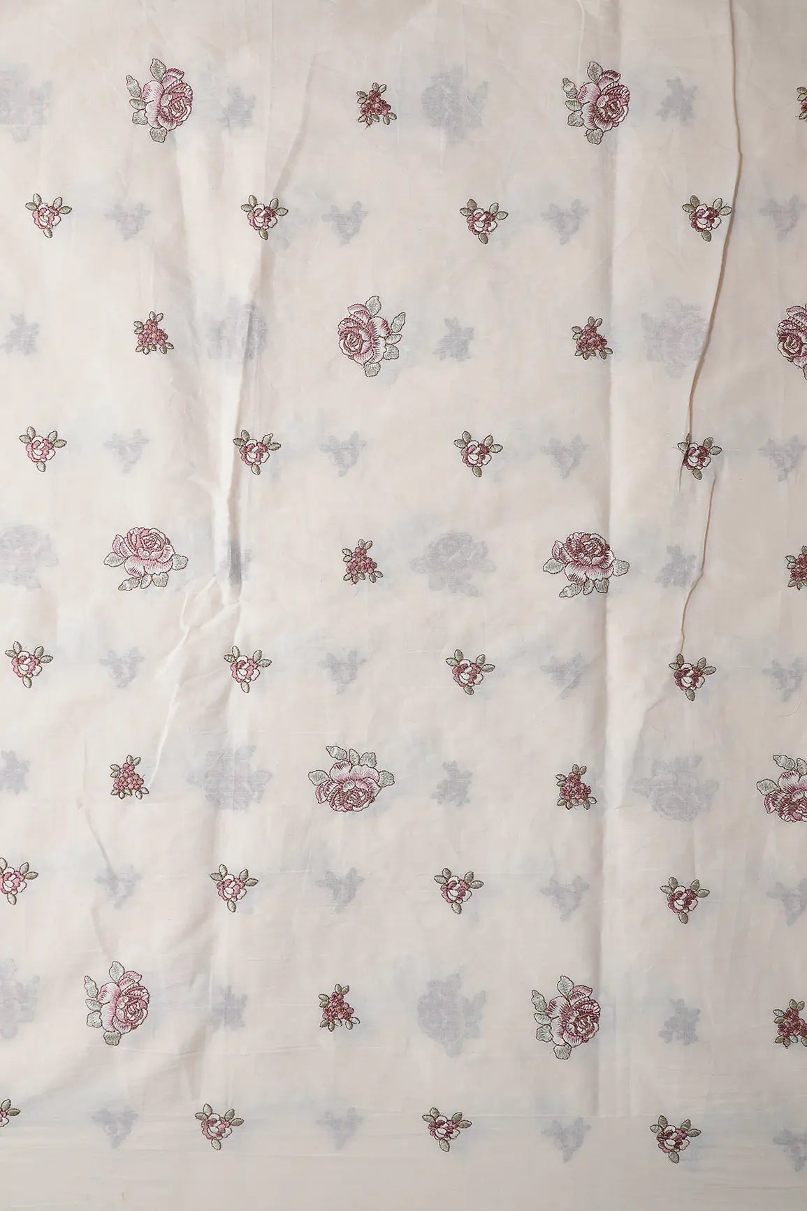 Mauve And Olive Thread Floral Embroidery On Off White Organic Cotton Fabric