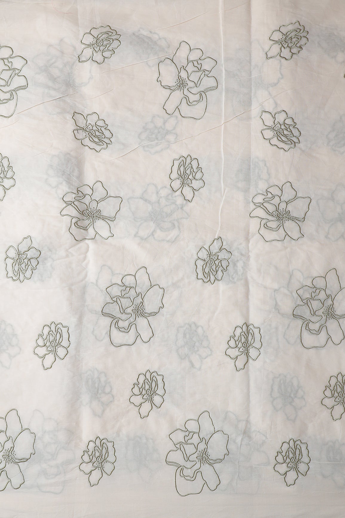 Beautiful Olive Floral Embroidery On Off White Organic Cotton Fabric