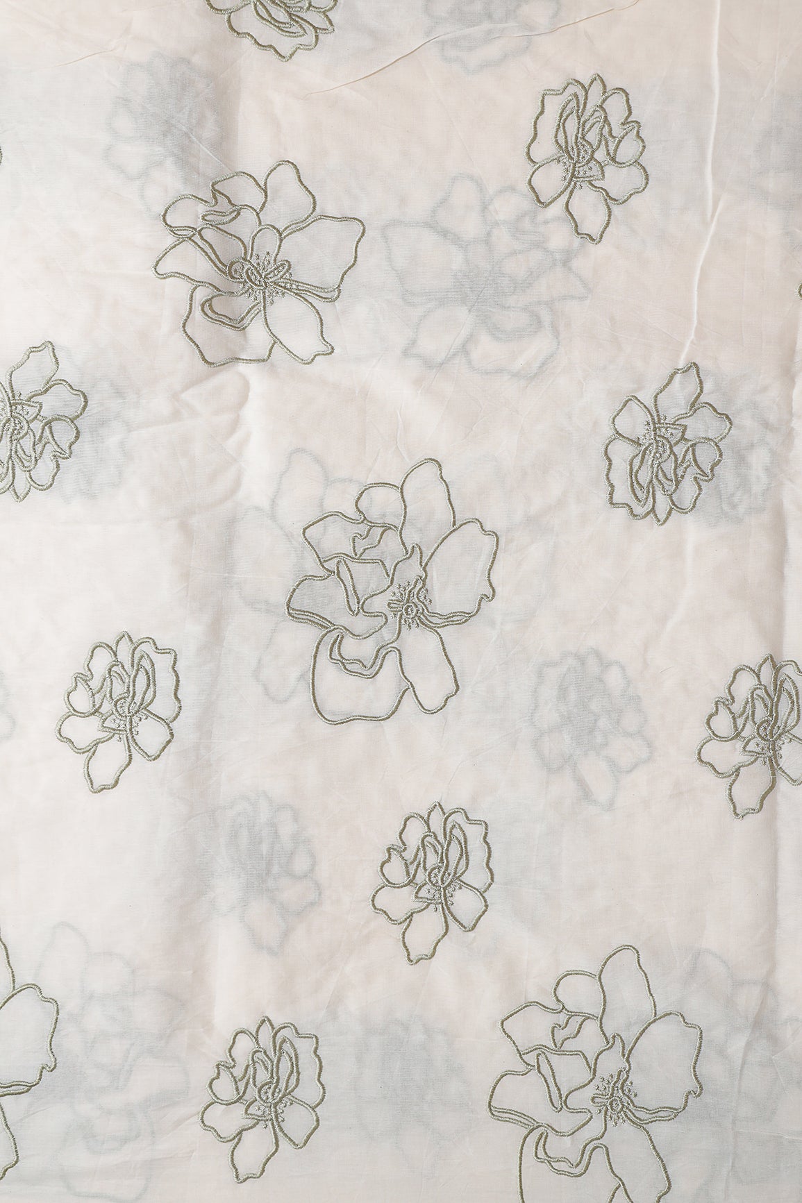 Beautiful Olive Floral Embroidery On Off White Organic Cotton Fabric