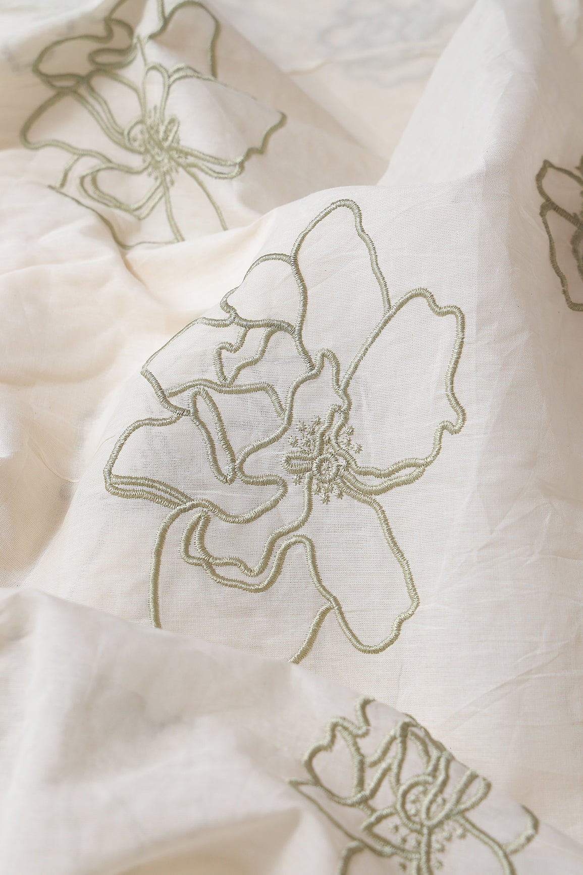 Beautiful Olive Floral Embroidery On Off White Organic Cotton Fabric