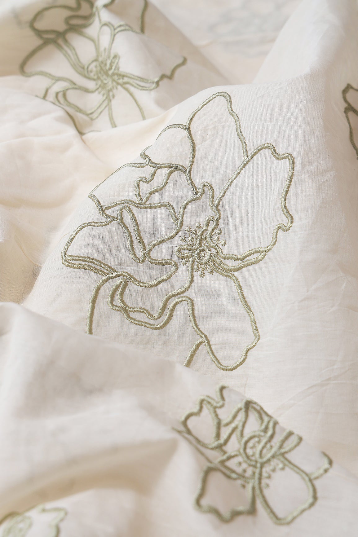 Beautiful Olive Floral Embroidery On Off White Organic Cotton Fabric