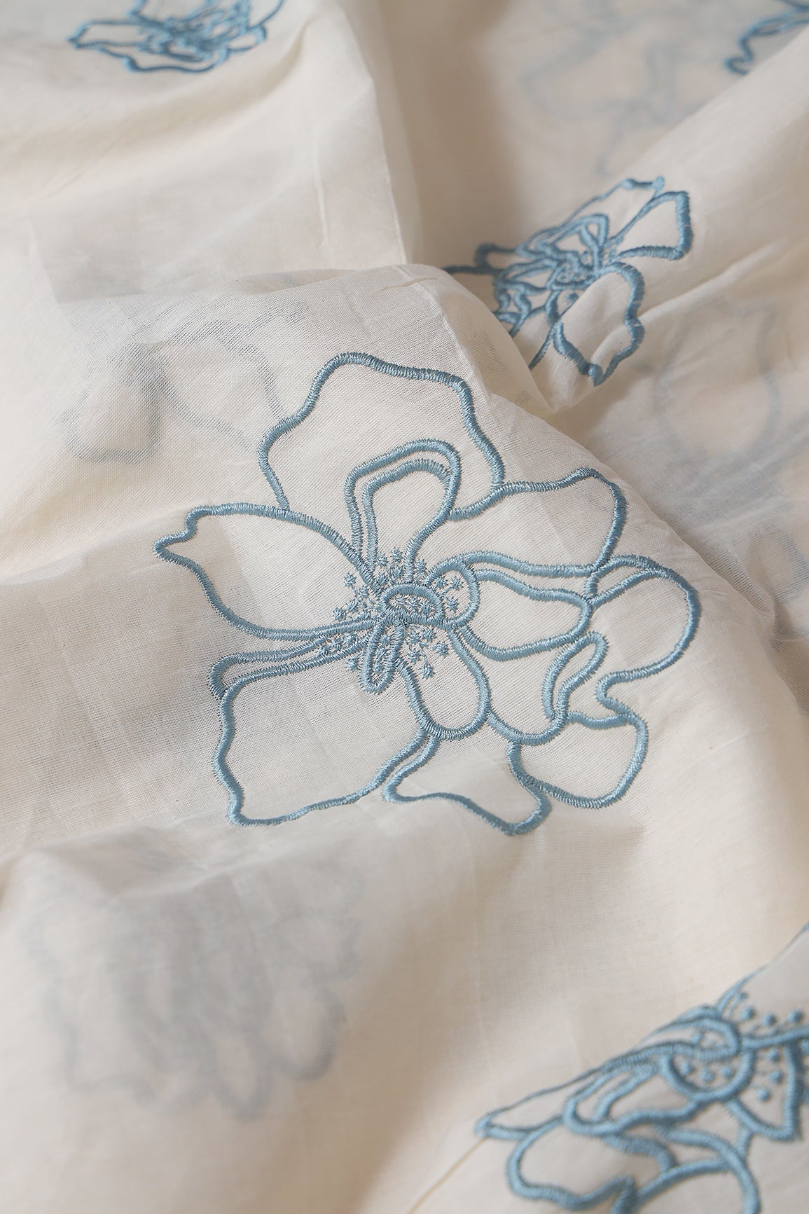 Beautiful Rama Floral Embroidery On Off White Organic Cotton Fabric