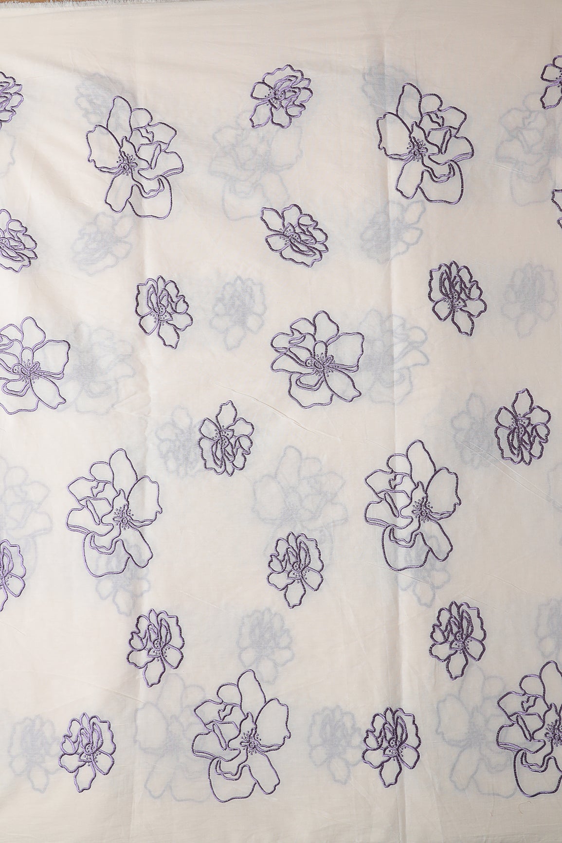 Beautiful Purple Floral Embroidery On Off White Organic Cotton Fabric