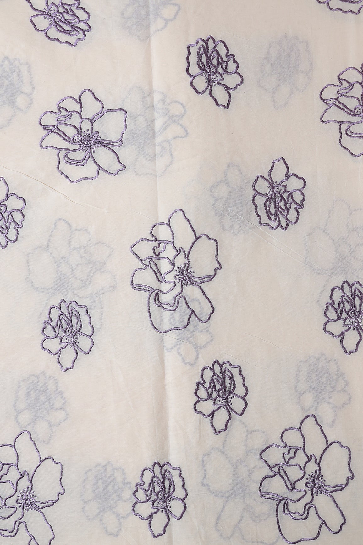 Beautiful Purple Floral Embroidery On Off White Organic Cotton Fabric
