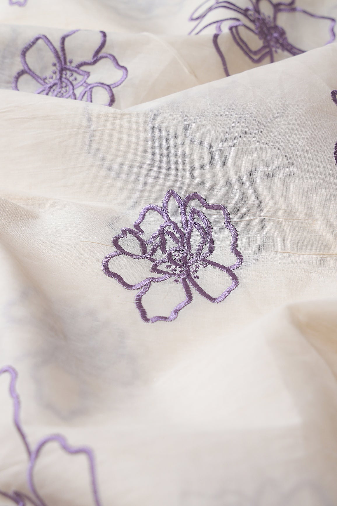 Beautiful Purple Floral Embroidery On Off White Organic Cotton Fabric