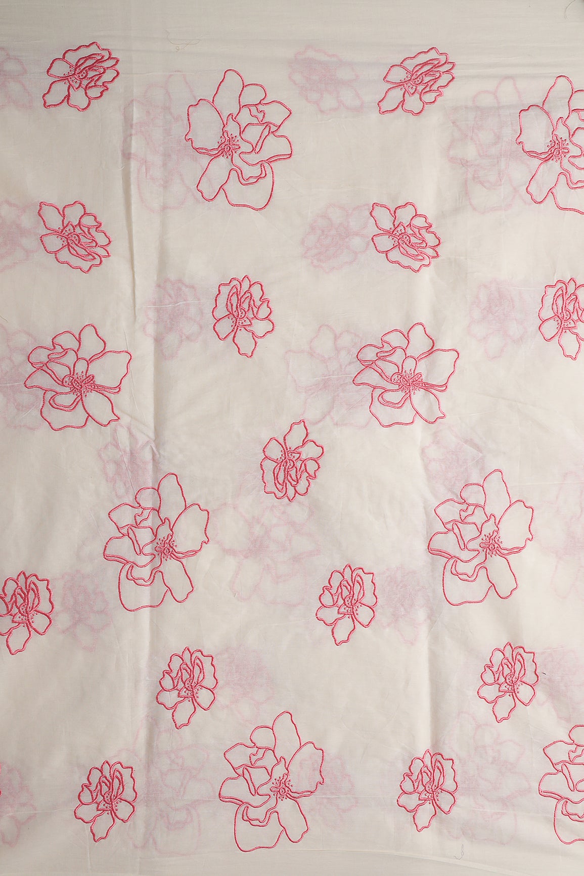 Beautiful Gajri Pink Floral Embroidery On Off White Organic Cotton Fabric