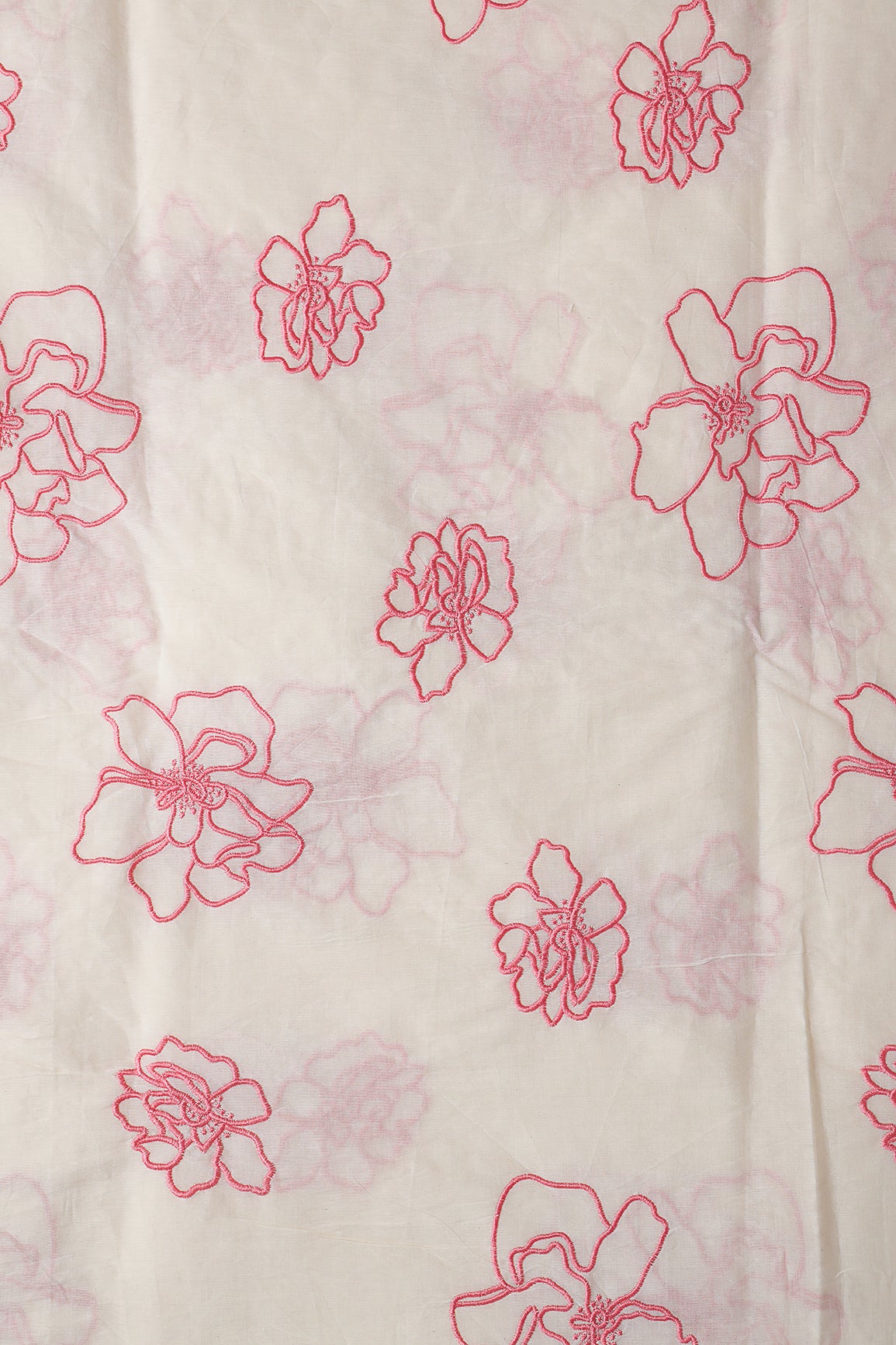 Beautiful Gajri Pink Floral Embroidery On Off White Organic Cotton Fabric
