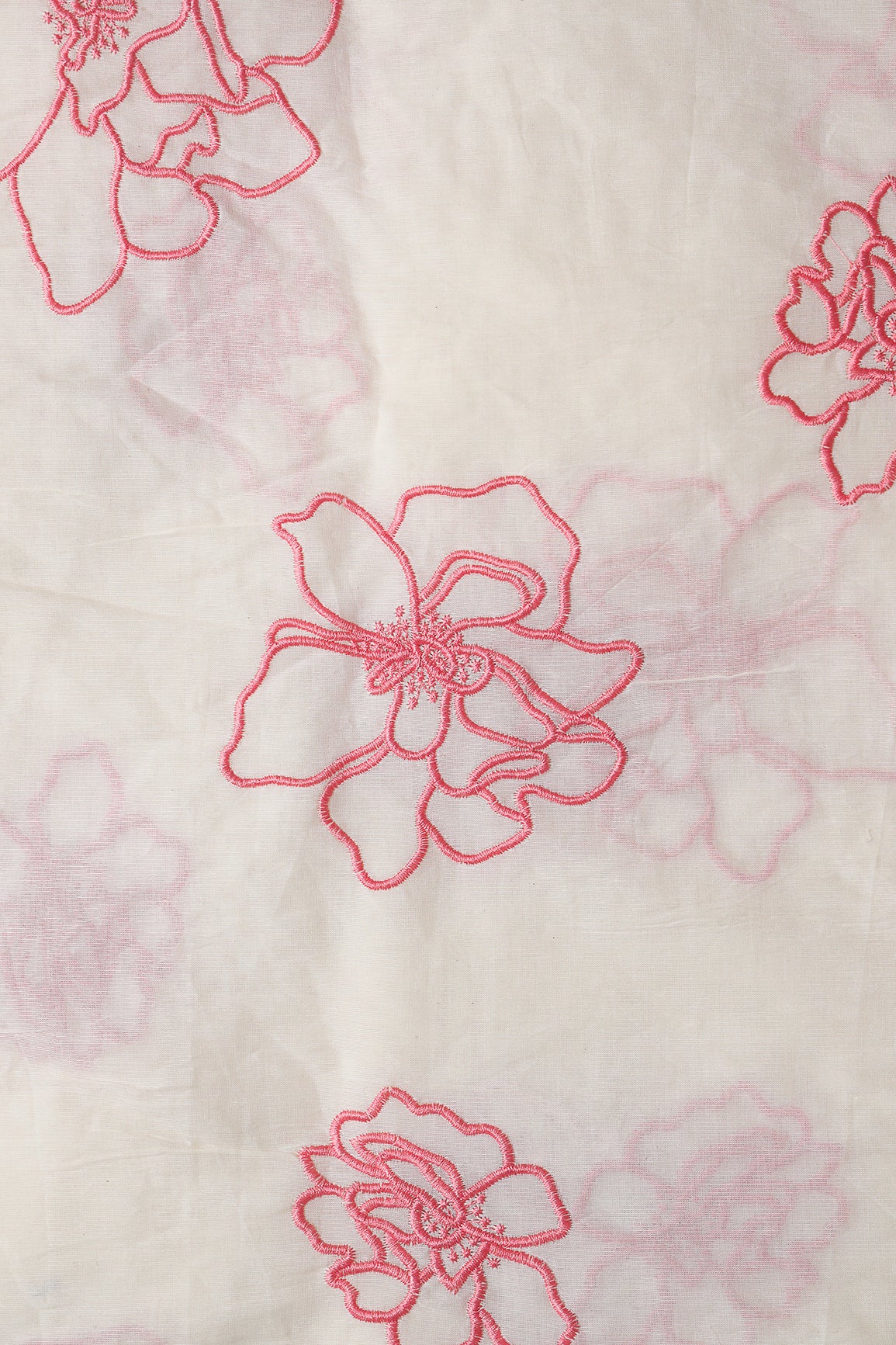 Beautiful Gajri Pink Floral Embroidery On Off White Organic Cotton Fabric