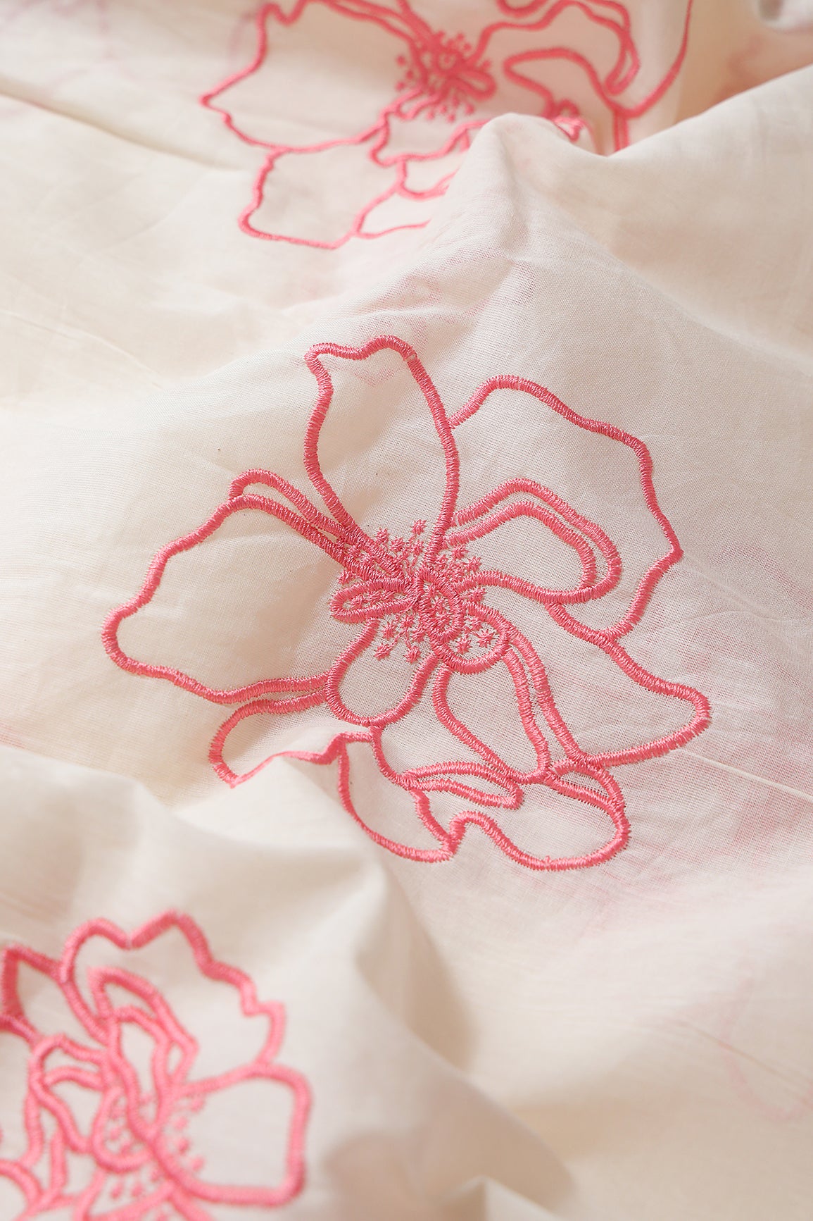 Beautiful Gajri Pink Floral Embroidery On Off White Organic Cotton Fabric