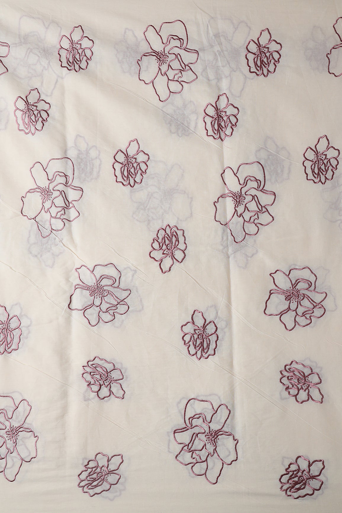 Beautiful Mauve Floral Embroidery On Off White Organic Cotton Fabric