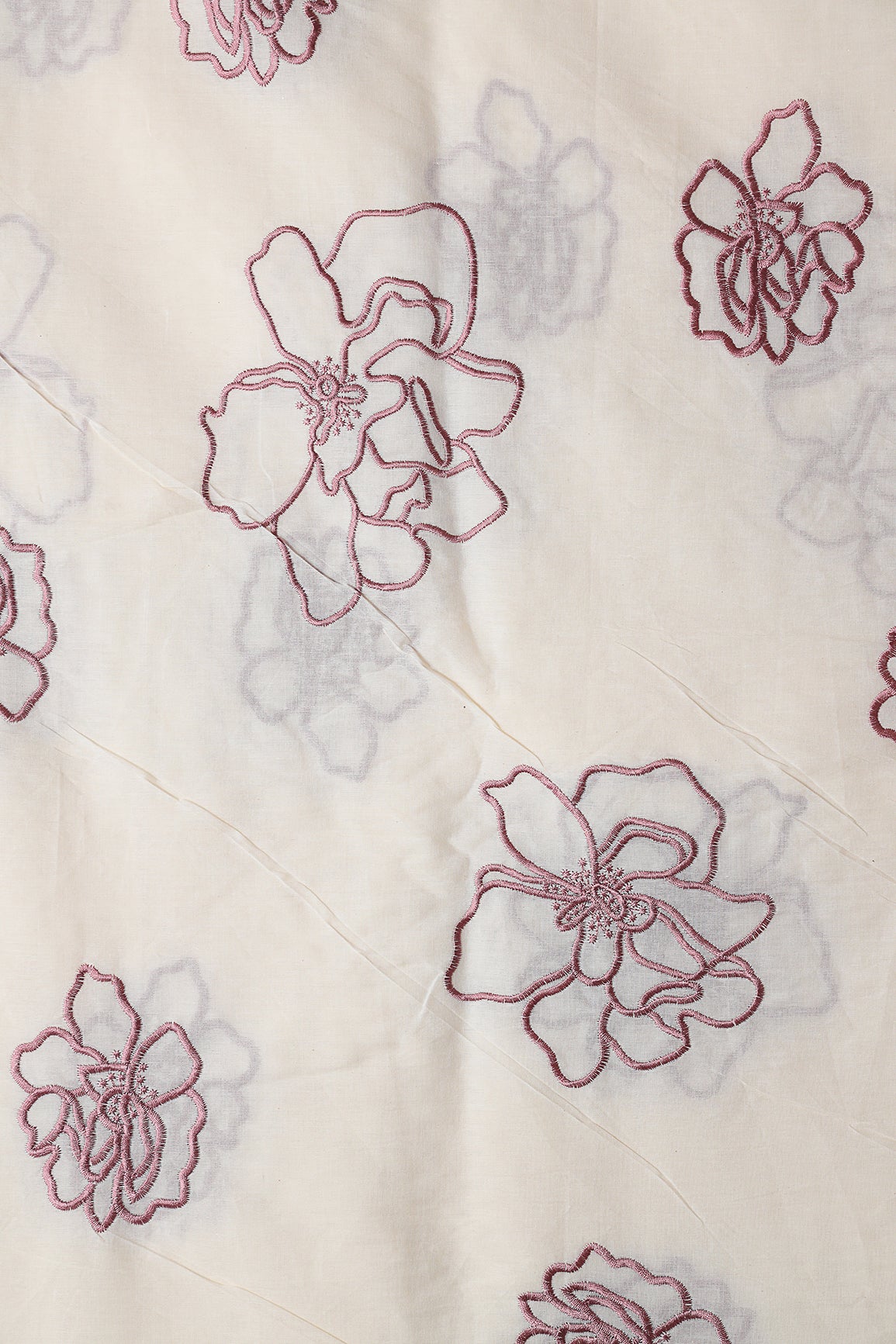 Beautiful Mauve Floral Embroidery On Off White Organic Cotton Fabric