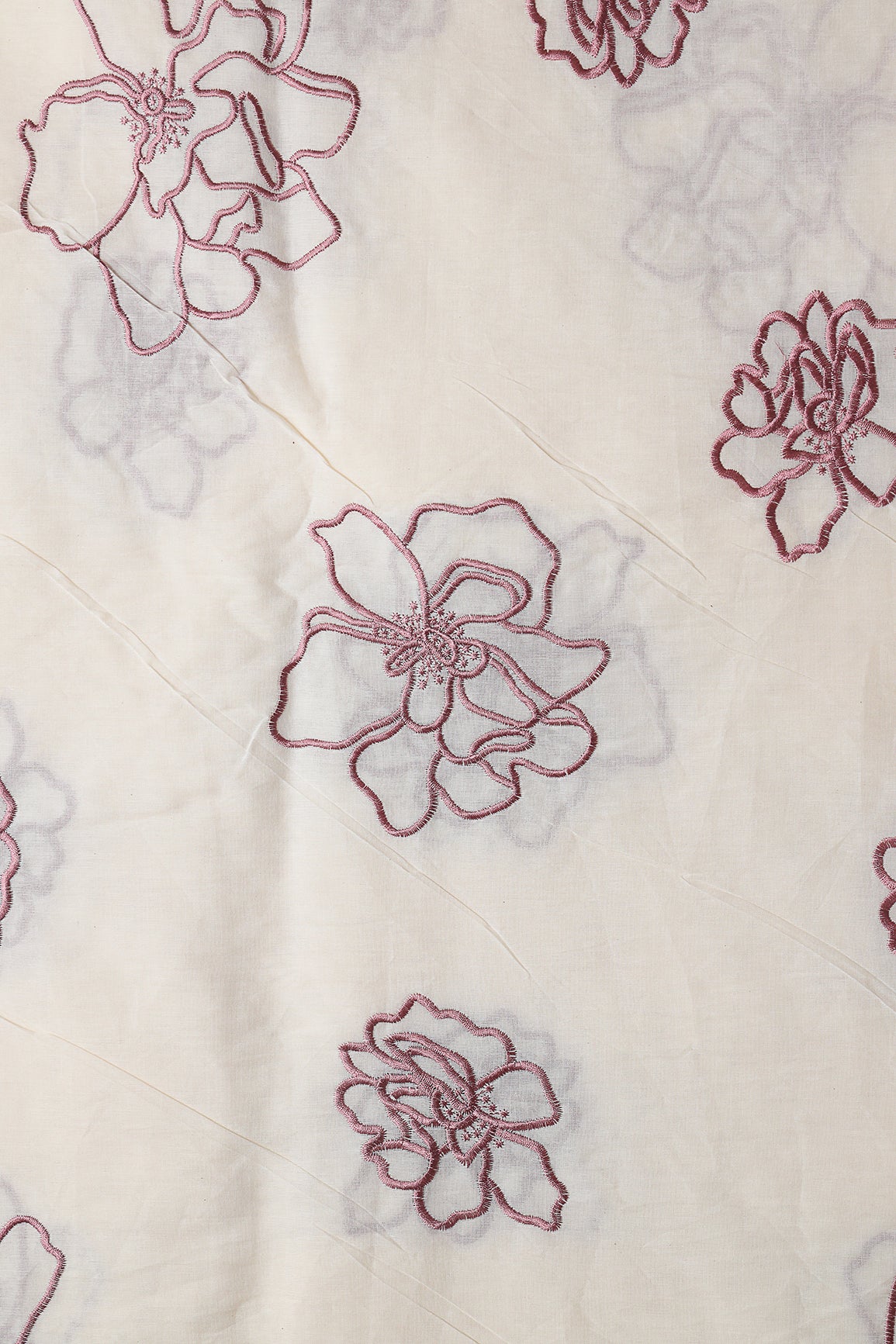 Beautiful Mauve Floral Embroidery On Off White Organic Cotton Fabric