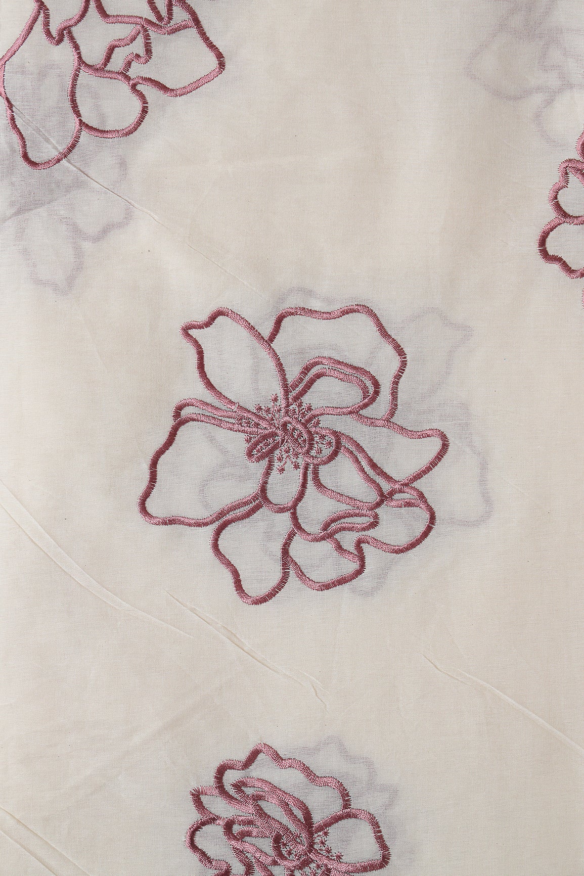 Beautiful Mauve Floral Embroidery On Off White Organic Cotton Fabric