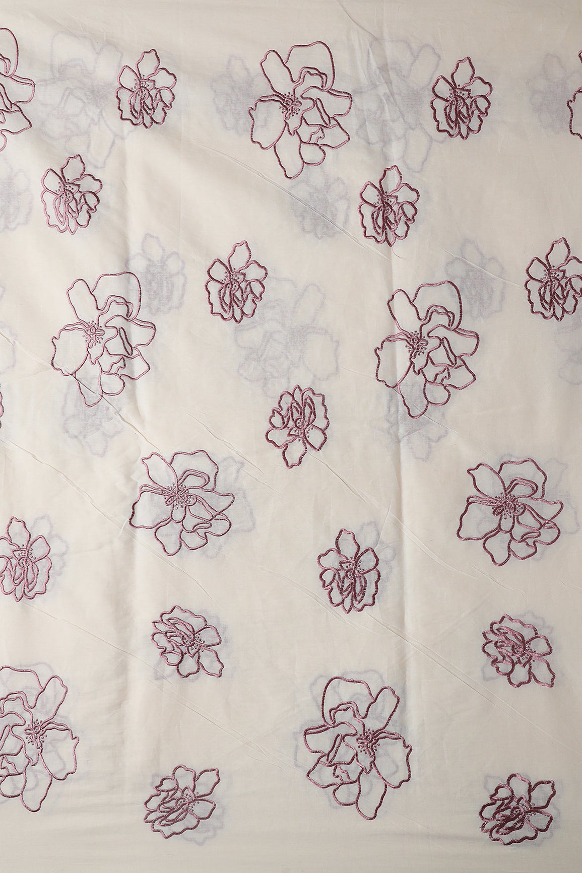 Beautiful Mauve Floral Embroidery On Off White Organic Cotton Fabric