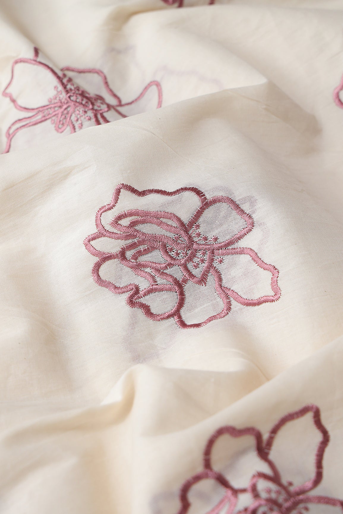 Beautiful Mauve Floral Embroidery On Off White Organic Cotton Fabric