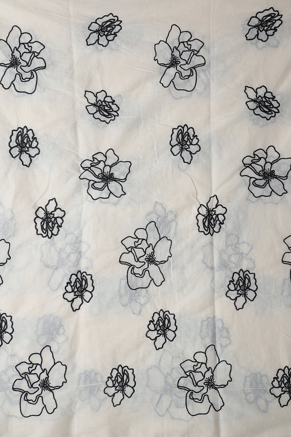 Beautiful Black Floral Embroidery On Off White Organic Cotton Fabric
