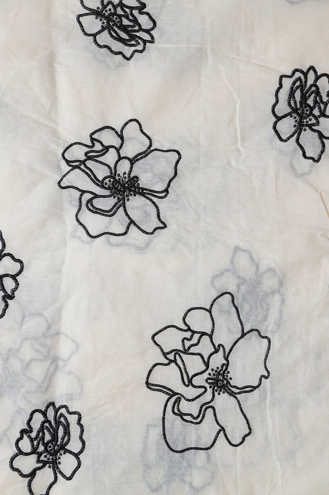Beautiful Black Floral Embroidery On Off White Organic Cotton Fabric
