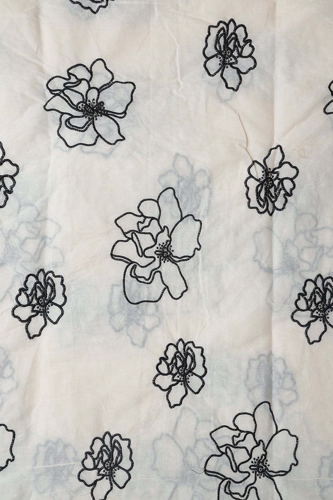 Beautiful Black Floral Embroidery On Off White Organic Cotton Fabric