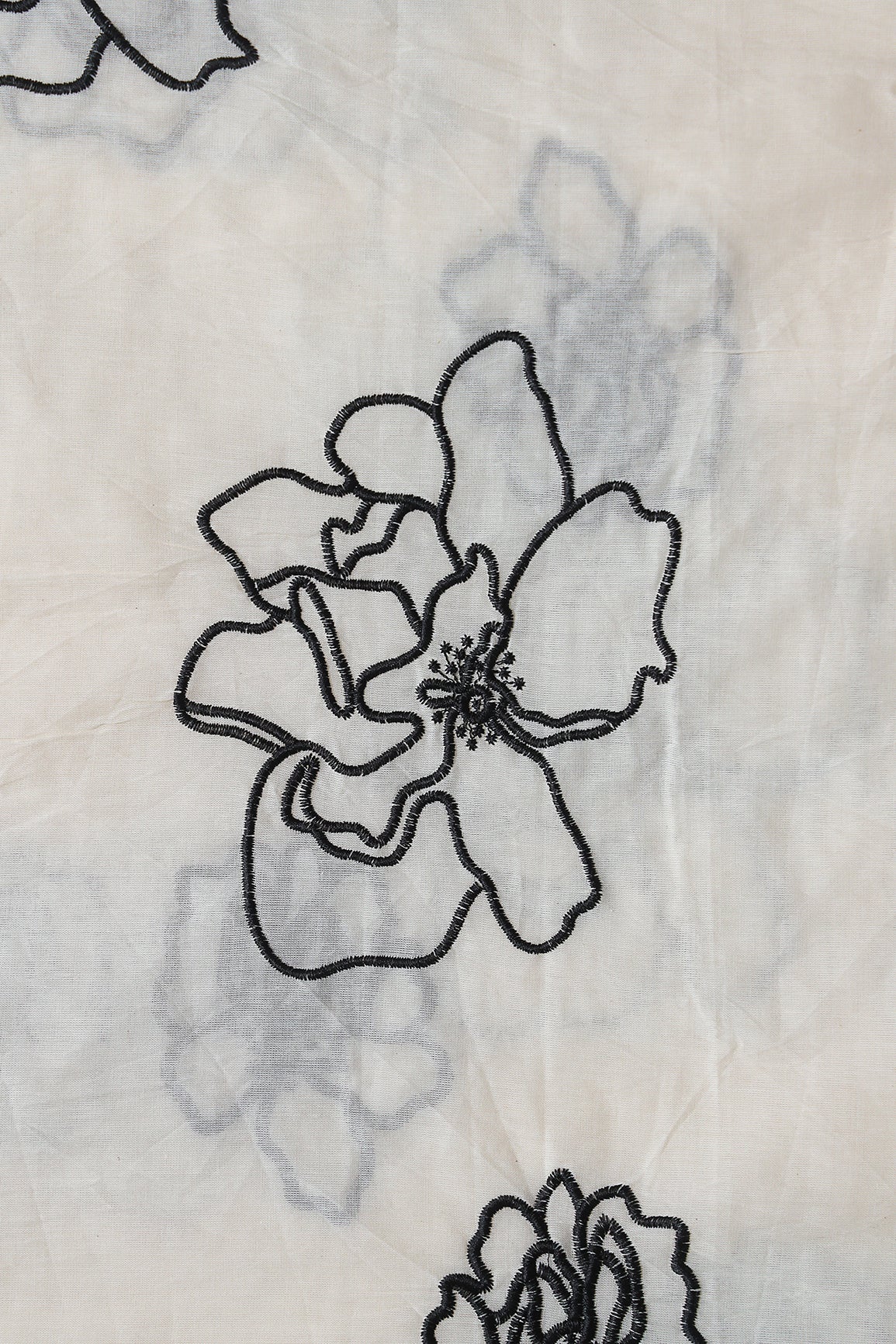 Beautiful Black Floral Embroidery On Off White Organic Cotton Fabric