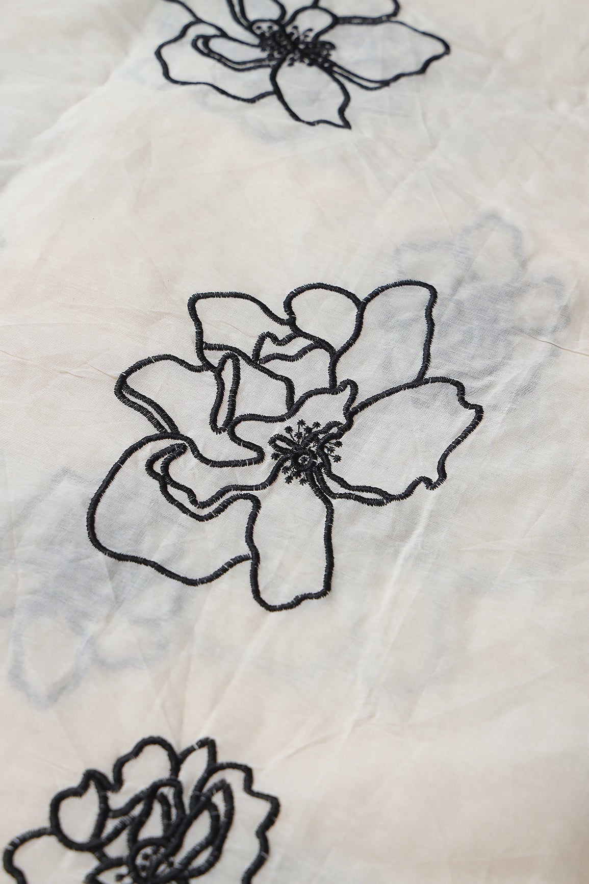 Beautiful Black Floral Embroidery On Off White Organic Cotton Fabric