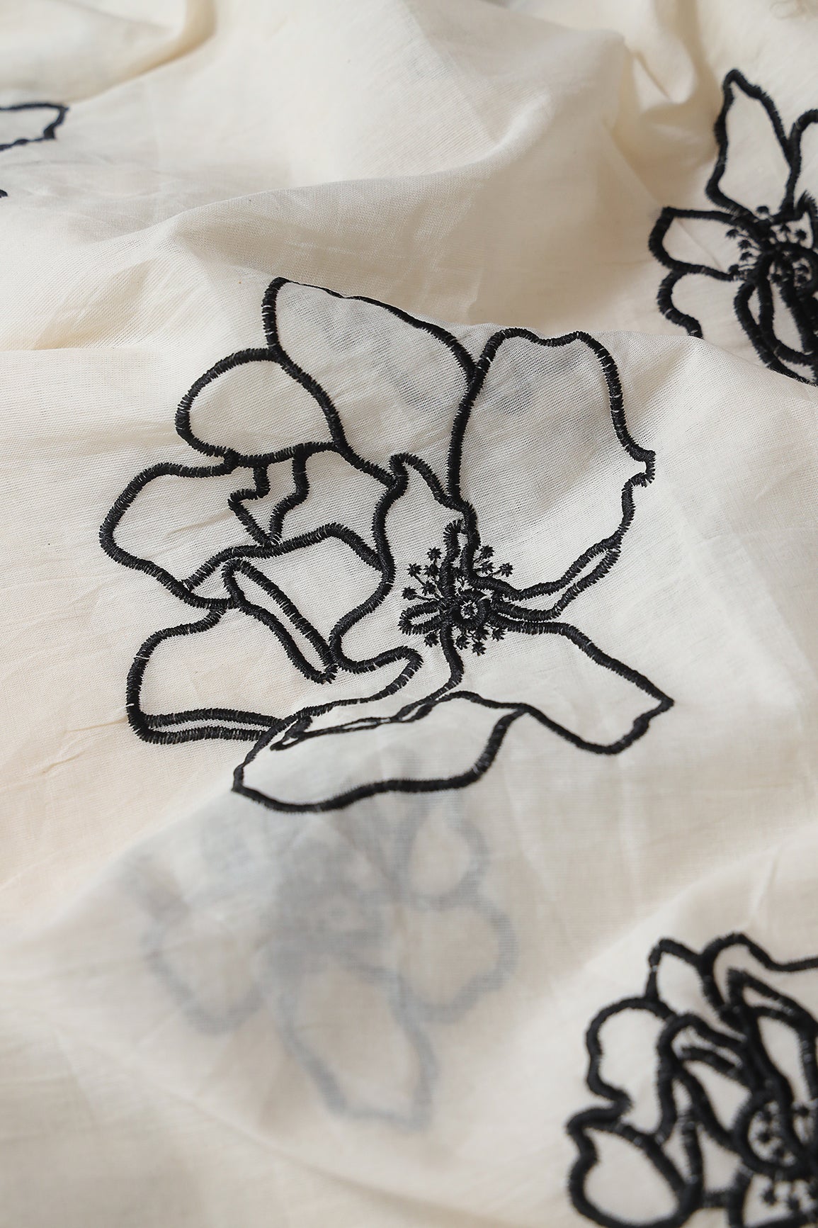 Beautiful Black Floral Embroidery On Off White Organic Cotton Fabric