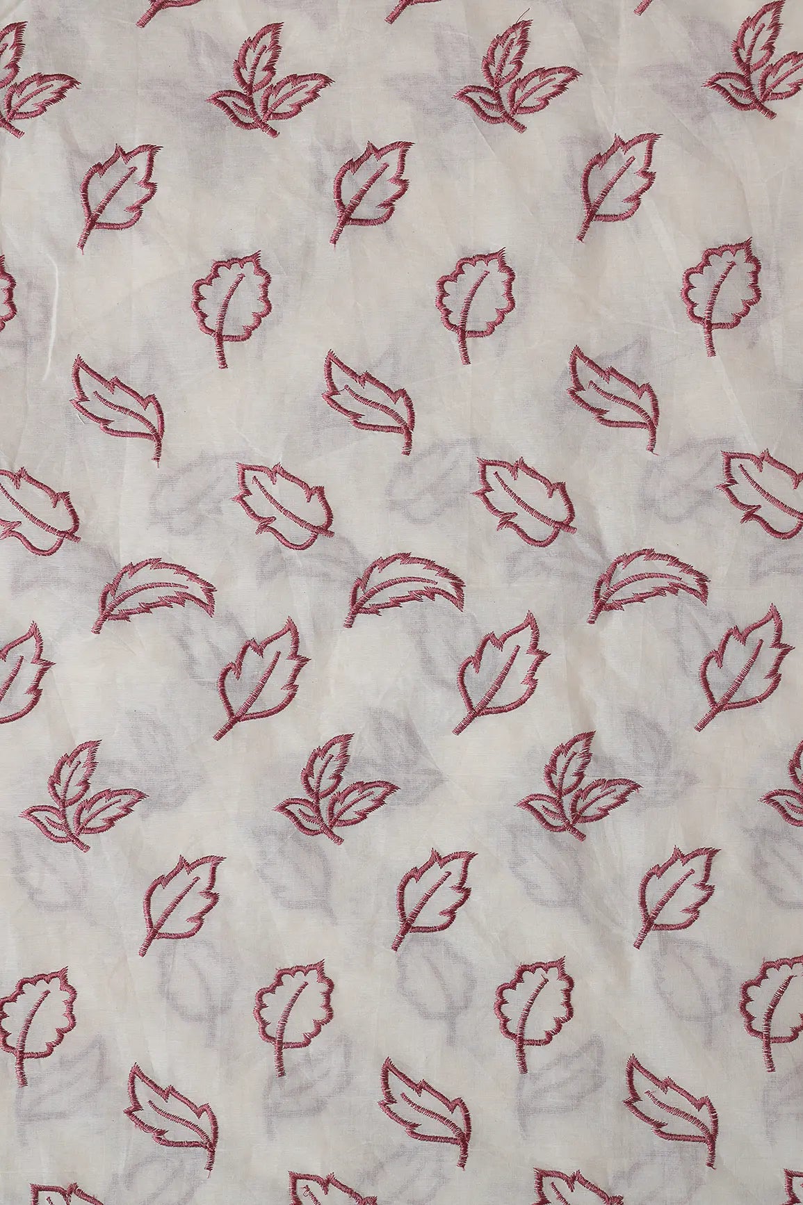 Beautiful Mauve Leafy Embroidery On Off White Organic Cotton Fabric