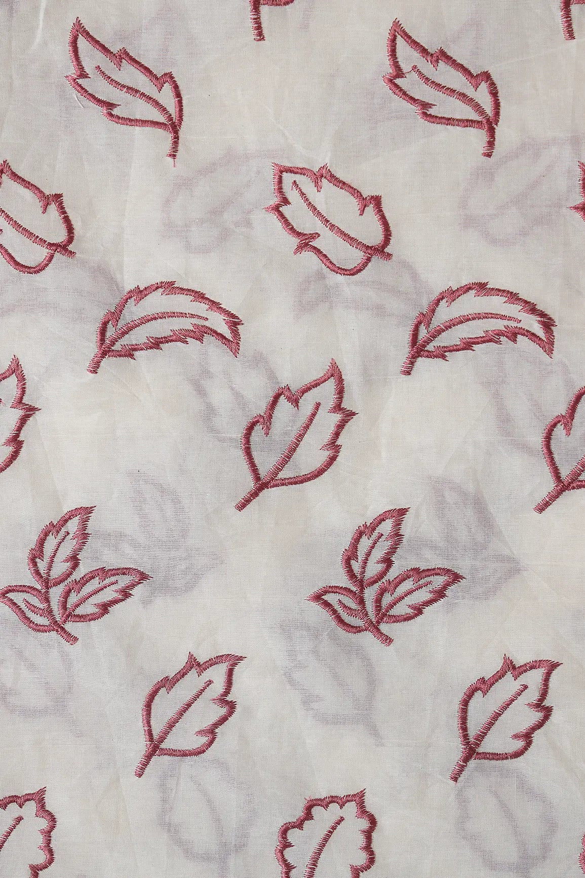 Beautiful Mauve Leafy Embroidery On Off White Organic Cotton Fabric