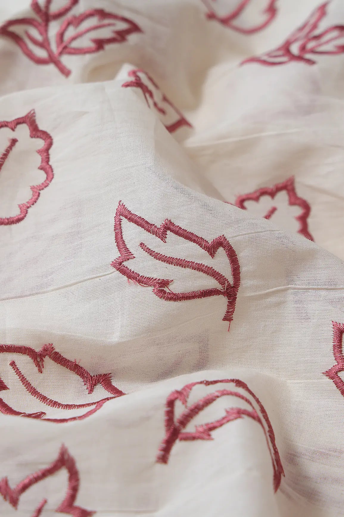 Beautiful Mauve Leafy Embroidery On Off White Organic Cotton Fabric