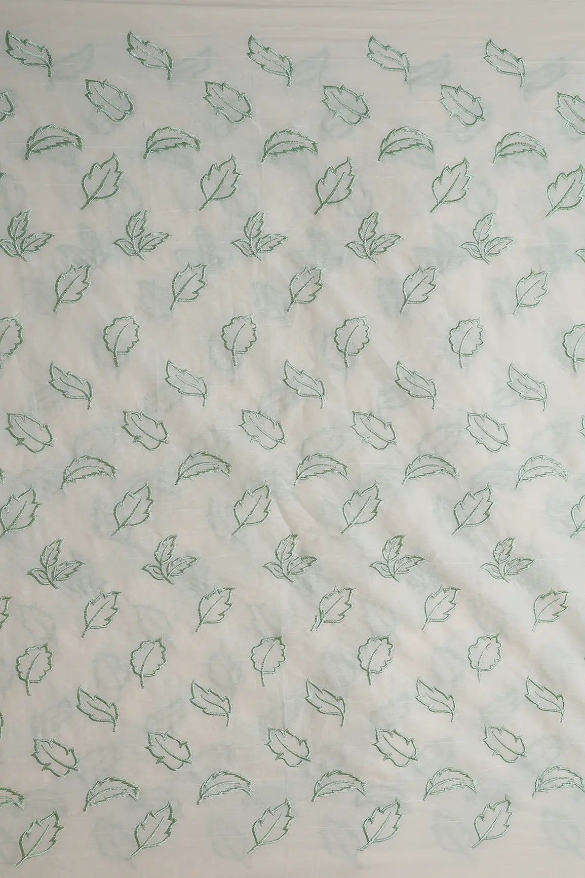 Beautiful Olive Leafy Embroidery On Off White Organic Cotton Fabric