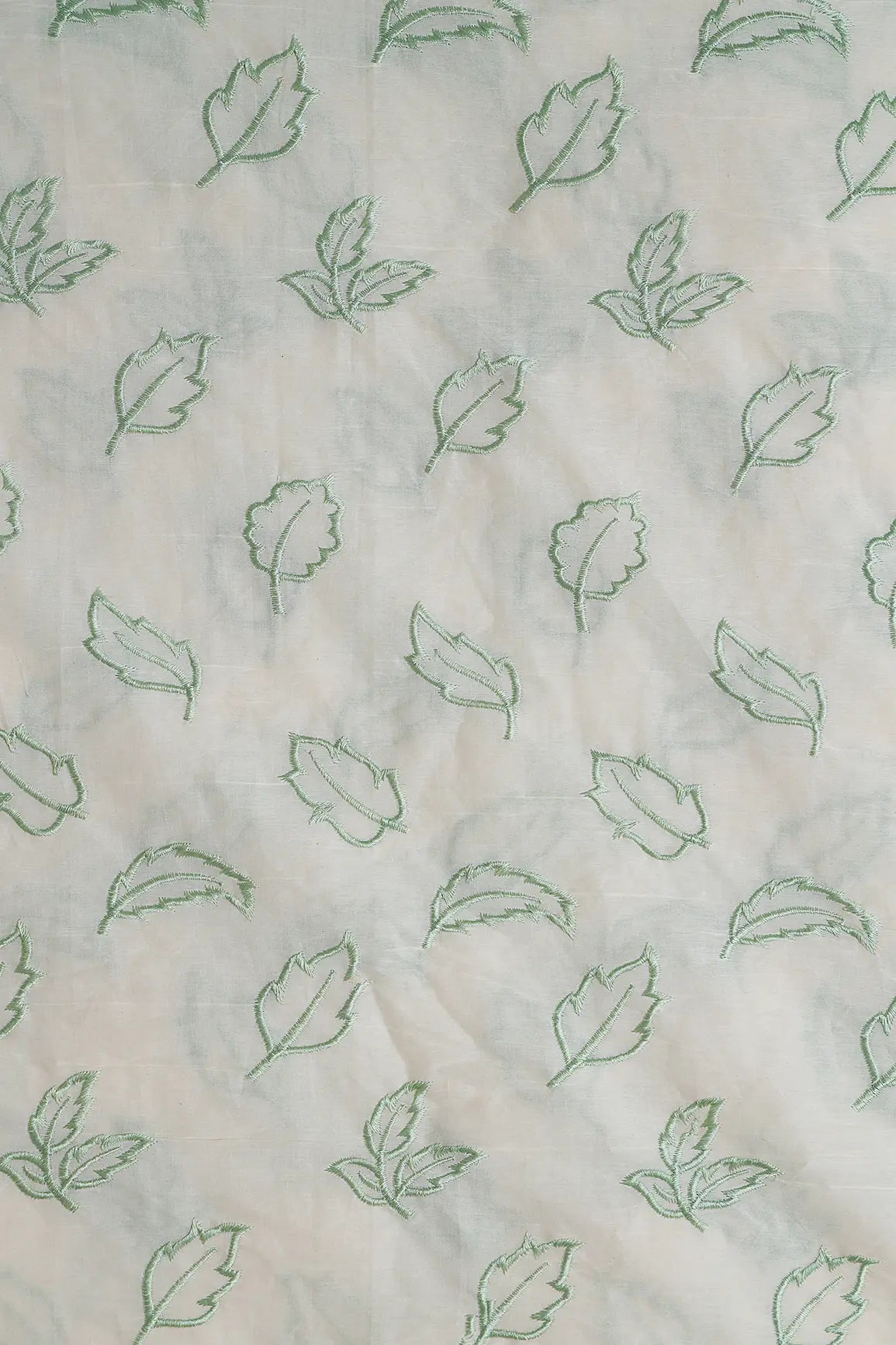 Beautiful Olive Leafy Embroidery On Off White Organic Cotton Fabric