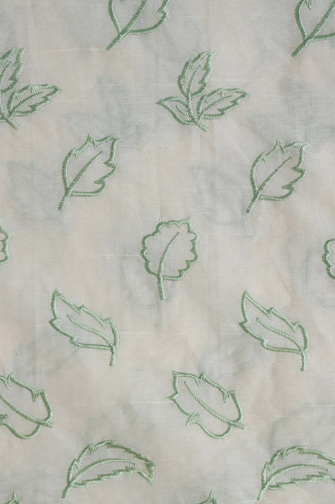 Beautiful Olive Leafy Embroidery On Off White Organic Cotton Fabric