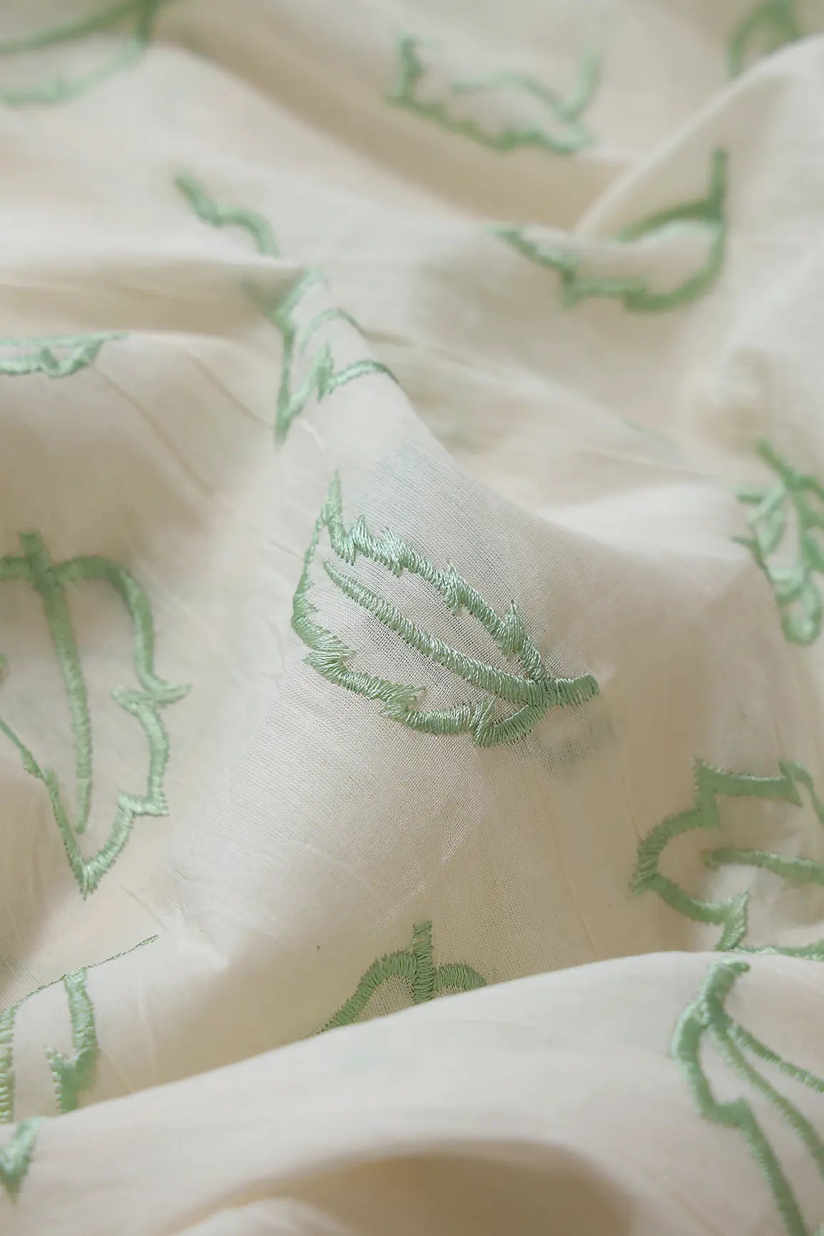 Beautiful Olive Leafy Embroidery On Off White Organic Cotton Fabric