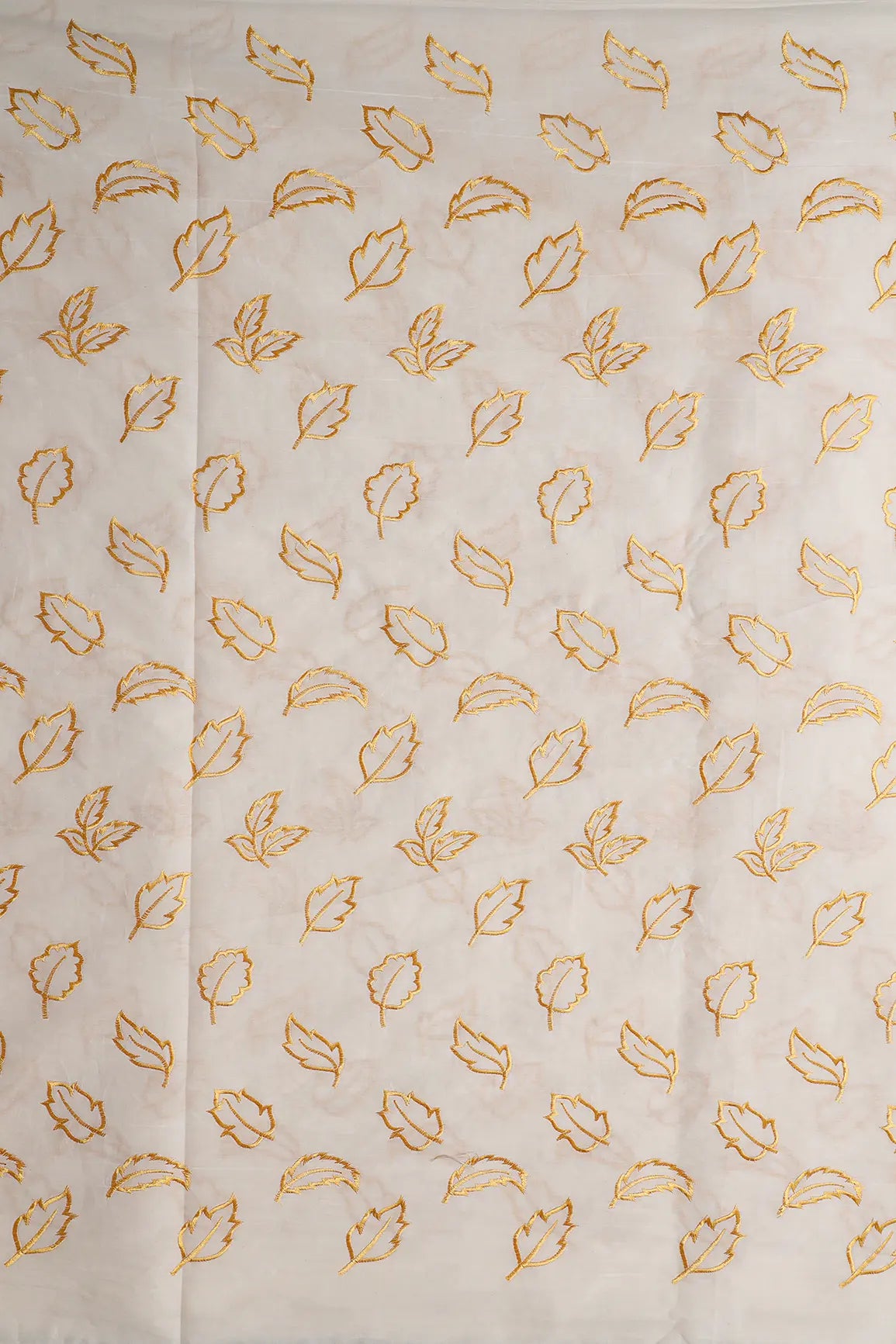 Beautiful Mustard Leafy Embroidery On Off White Organic Cotton Fabric