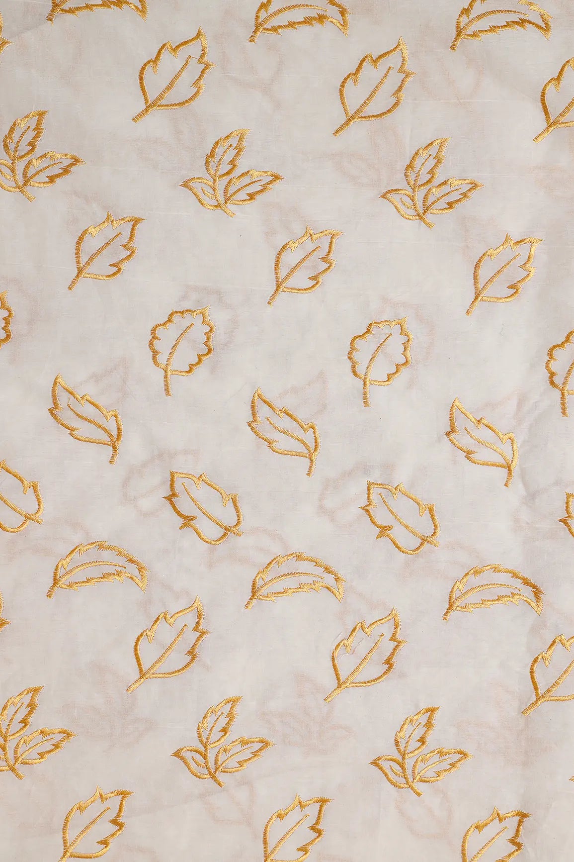 Beautiful Mustard Leafy Embroidery On Off White Organic Cotton Fabric