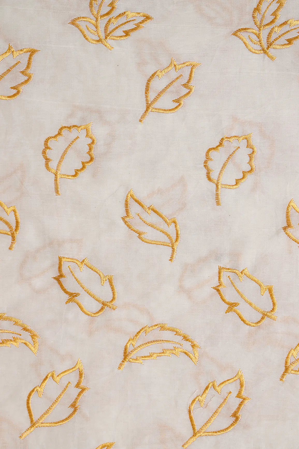 Beautiful Mustard Leafy Embroidery On Off White Organic Cotton Fabric